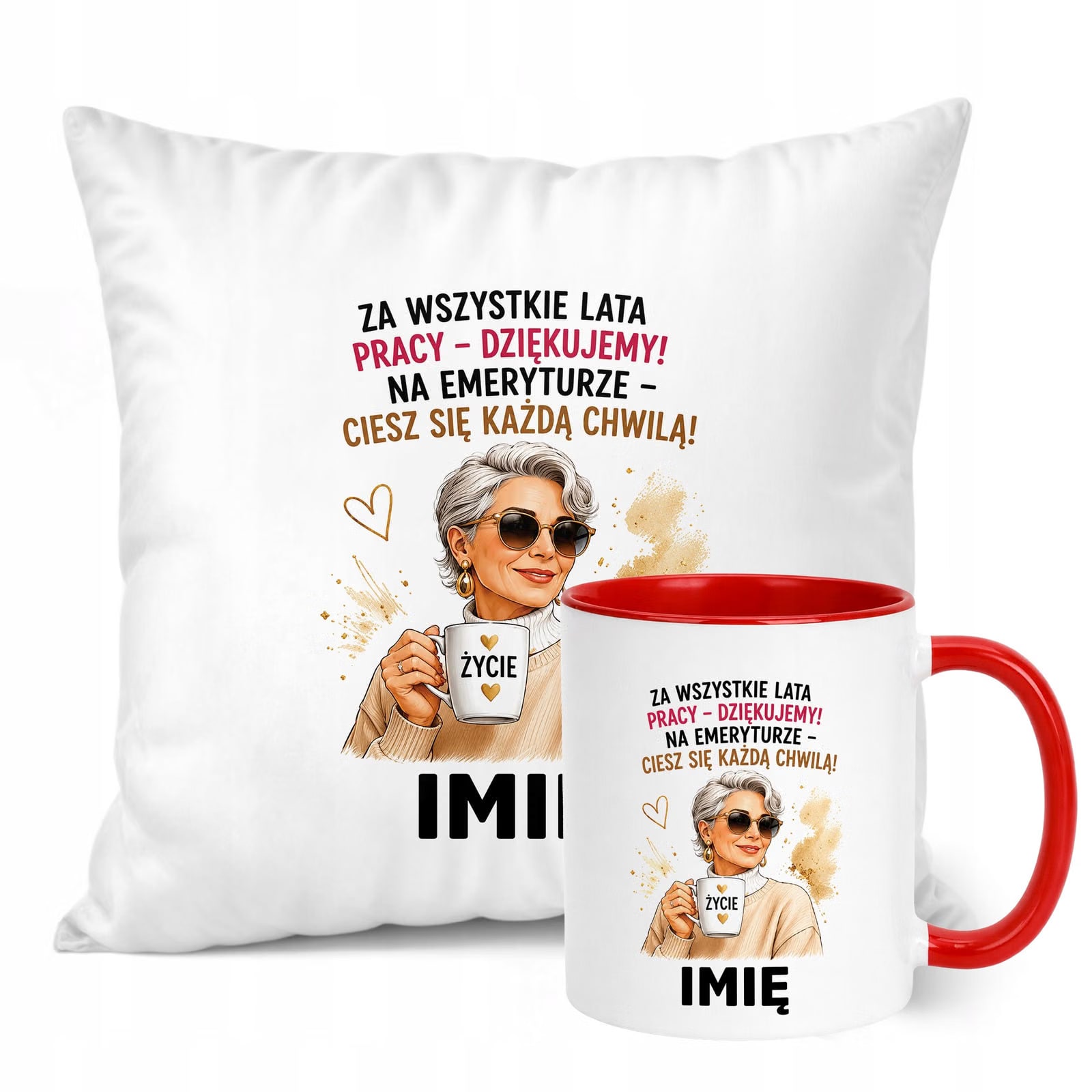Zestaw Personalizowany Kubek Czerwony Poduszka Emerytura Upominek Prezent