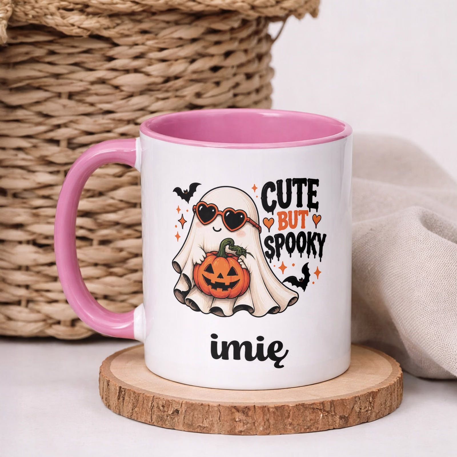Kubek Różowy Personalizowany z Nadrukiem Halloween Jesień Prezent Upominek