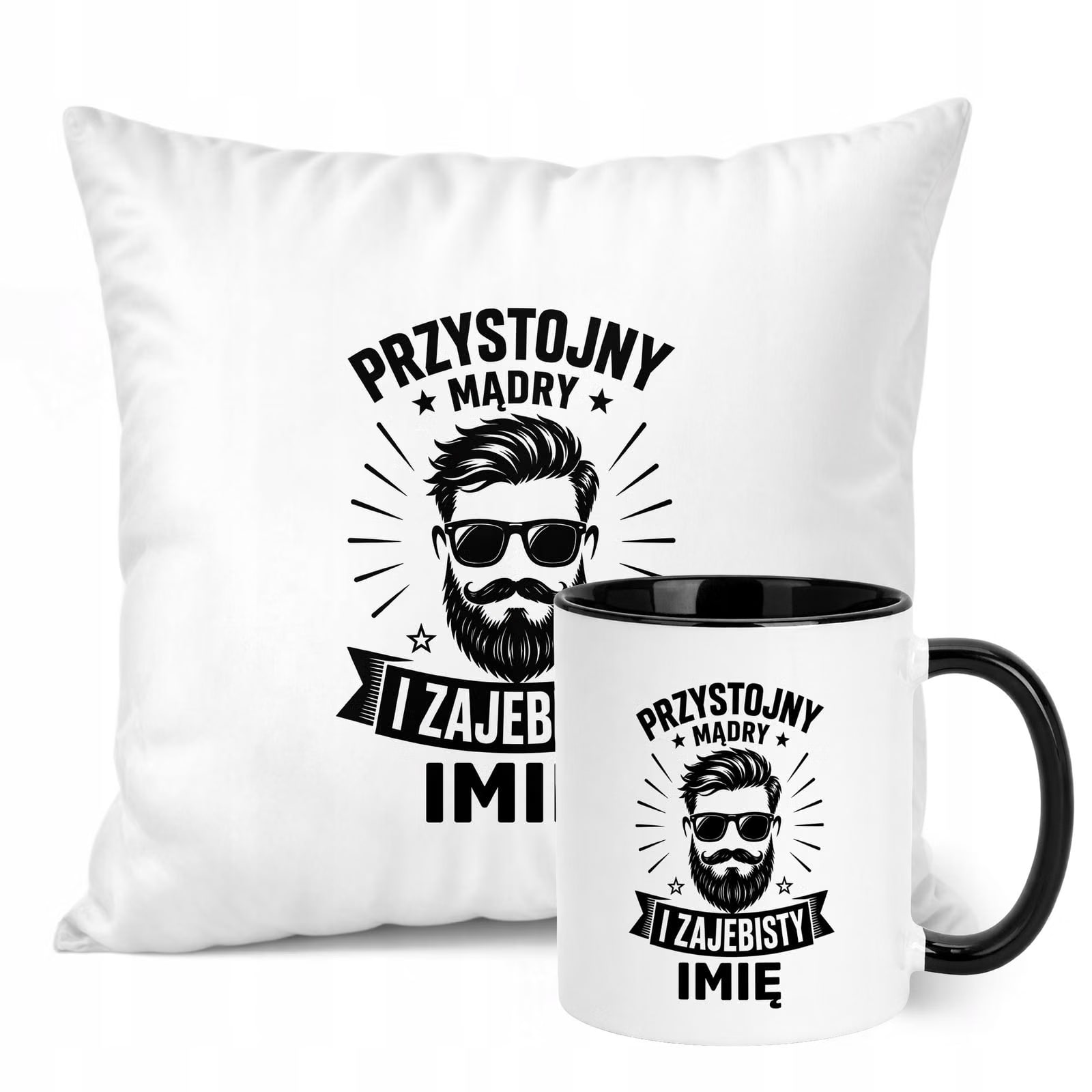 Zestaw Personalizowany Kubek Czarny Poduszka Dzień Chłopaka Z Nadrukiem