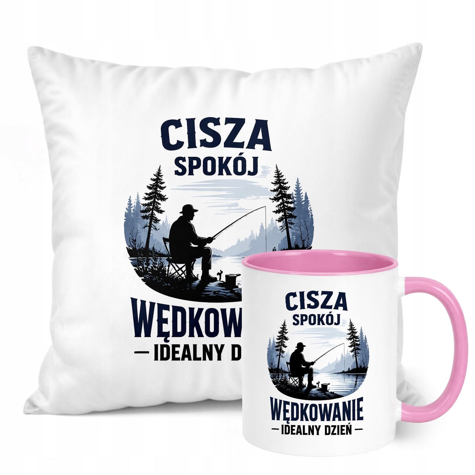 Zestaw Kubek Różowy Poduszka Z Nadrukiem Dla Wędkarza Prezent