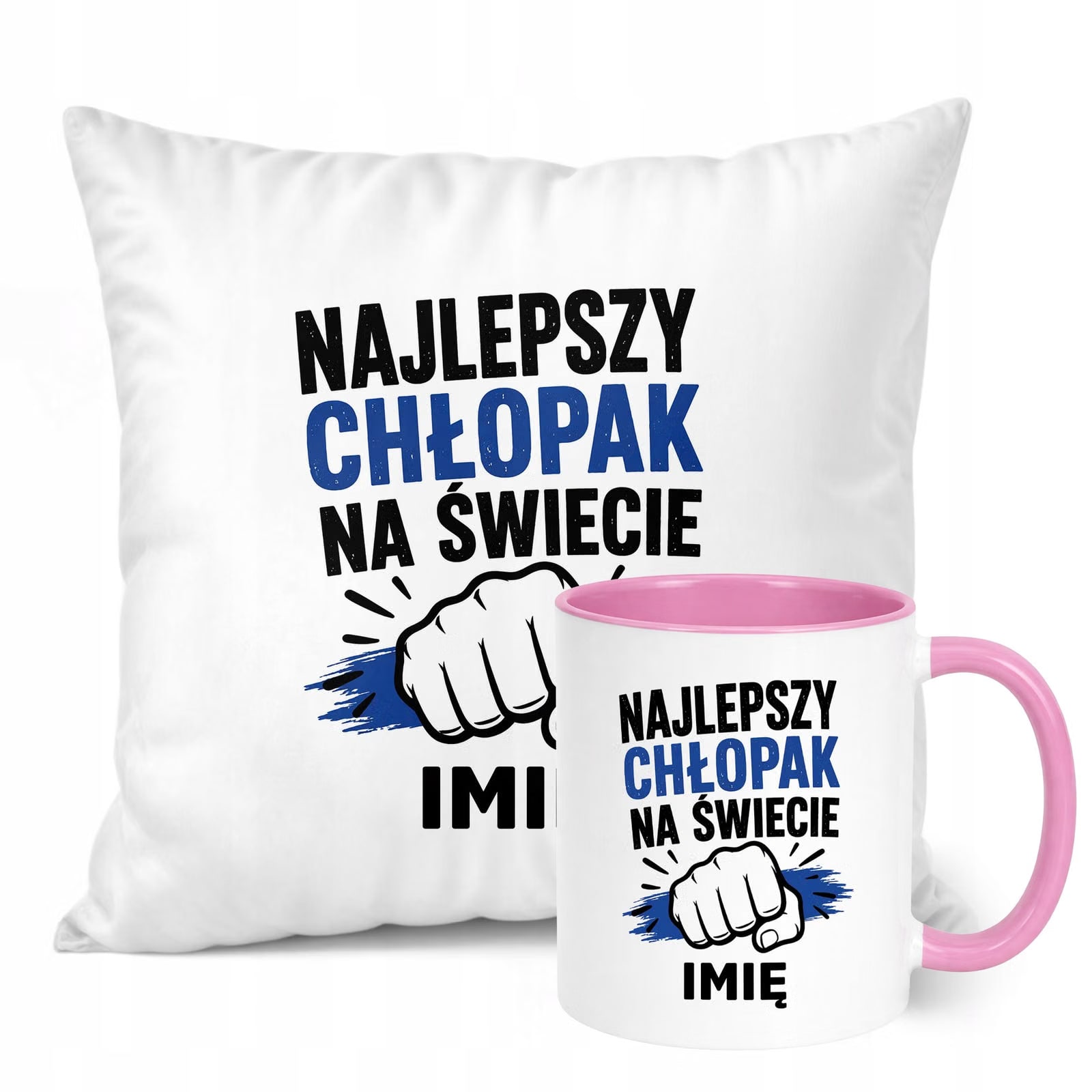 Zestaw Personalizowany Kubek Różowy Poduszka Dzień Chłopaka Z Nadrukiem