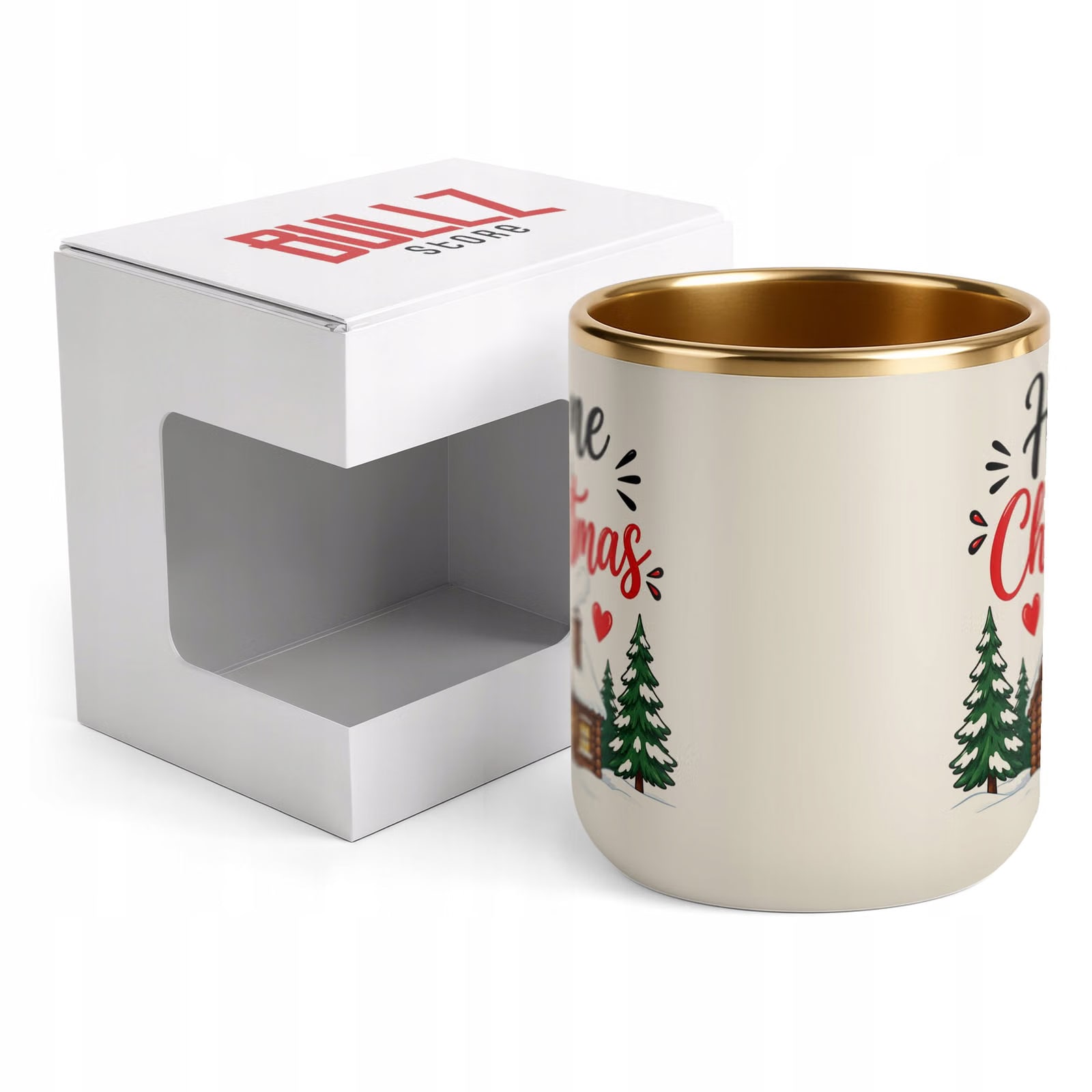 Kubek Premium Złoty Ecru Boże Narodzenie Mikołajki Home For Christmas