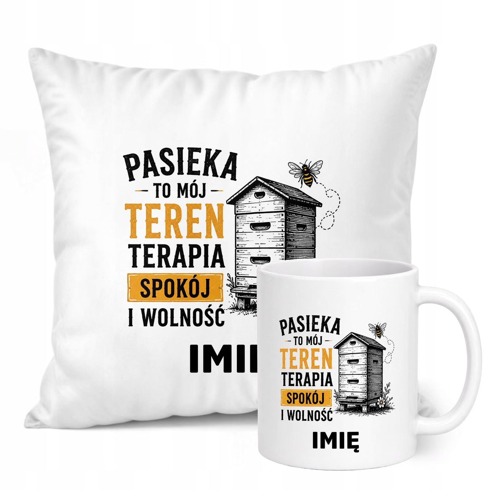 Zestaw Personalizowany Kubek Biały Poduszka Z Nadrukiem Dla Pszczelarza