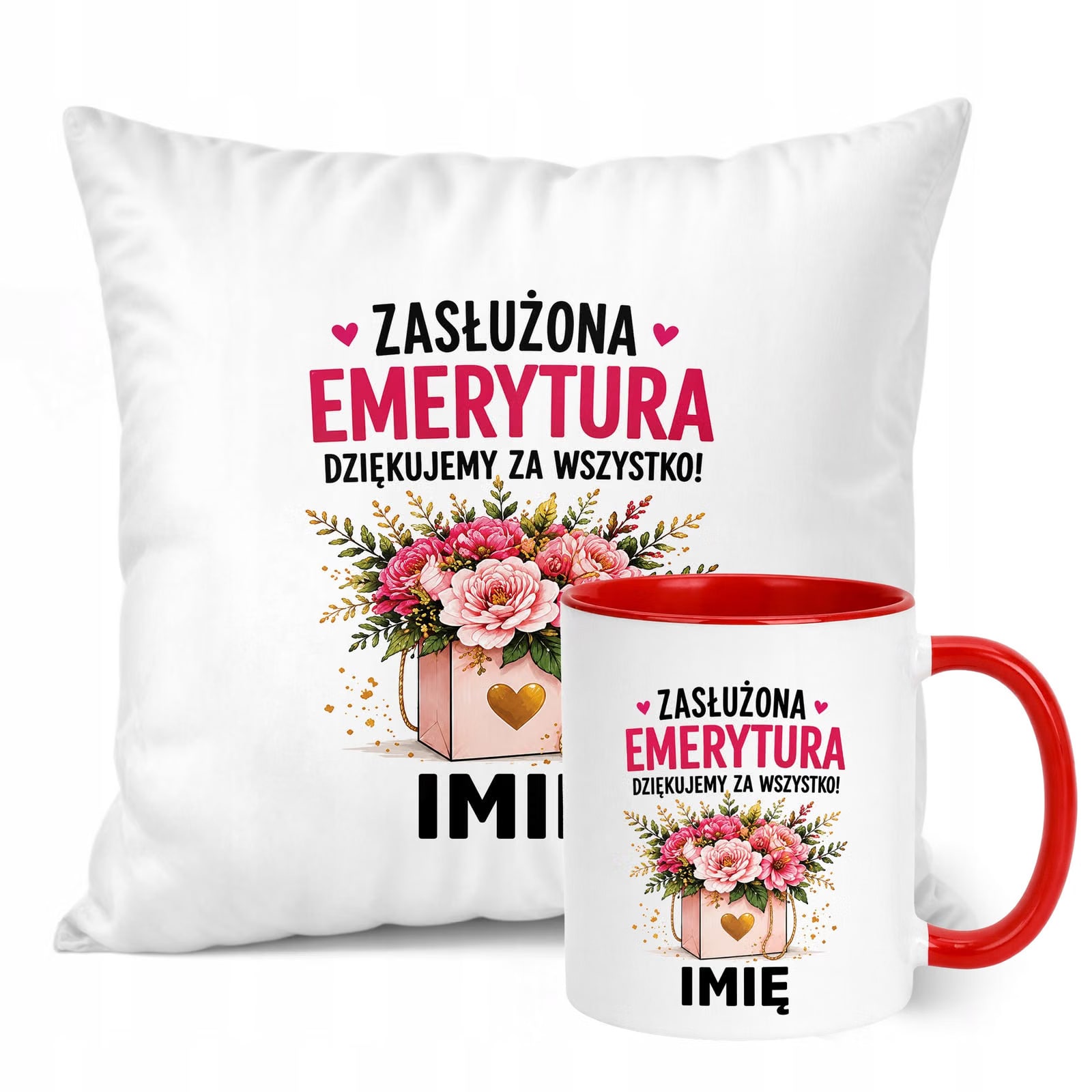 Zestaw Personalizowany Kubek Czerwony Poduszka Emerytura Upominek Prezent