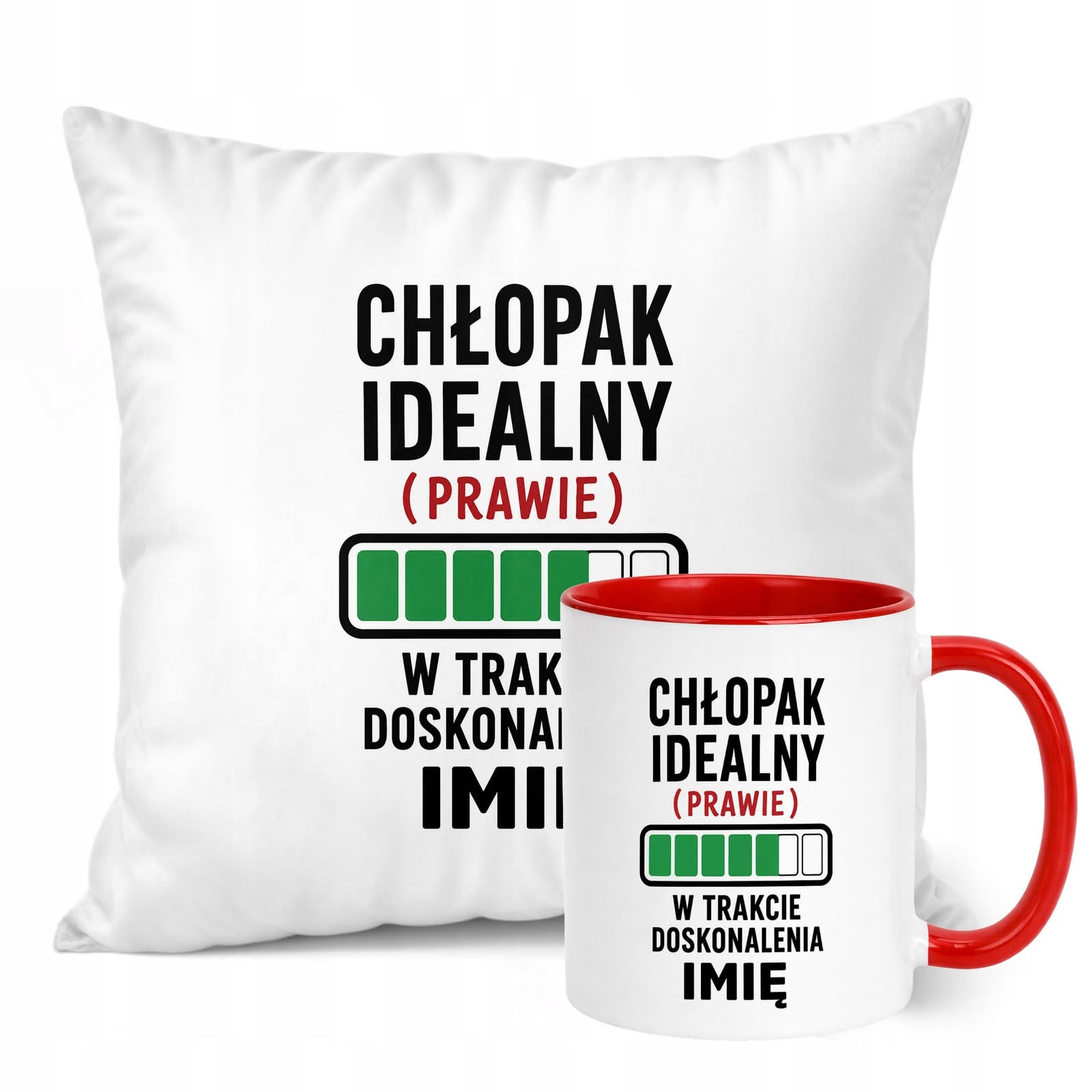 Zestaw Personalizowany Kubek Czerwony Poduszka Dzień Chłopaka Z Nadrukiem