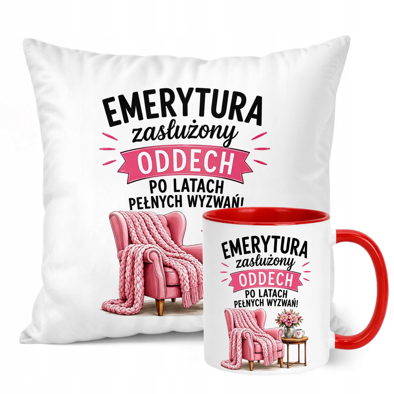 Zestaw Kubek Czerwony Poduszka Z Nadrukiem Emerytura Dla Emerytki Prezent