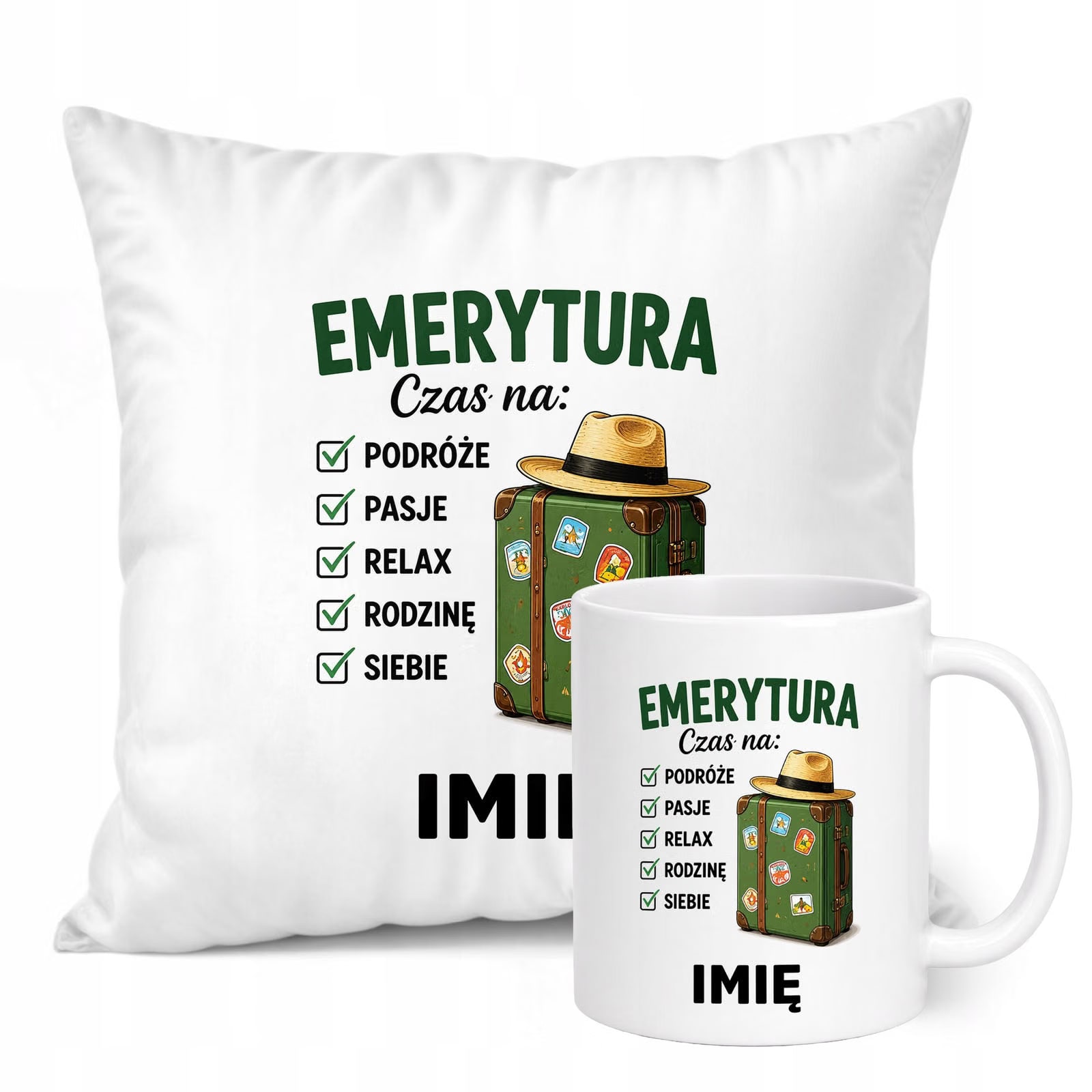 Zestaw Personalizowany Kubek Biały Poduszka Emerytura Upominek Prezent
