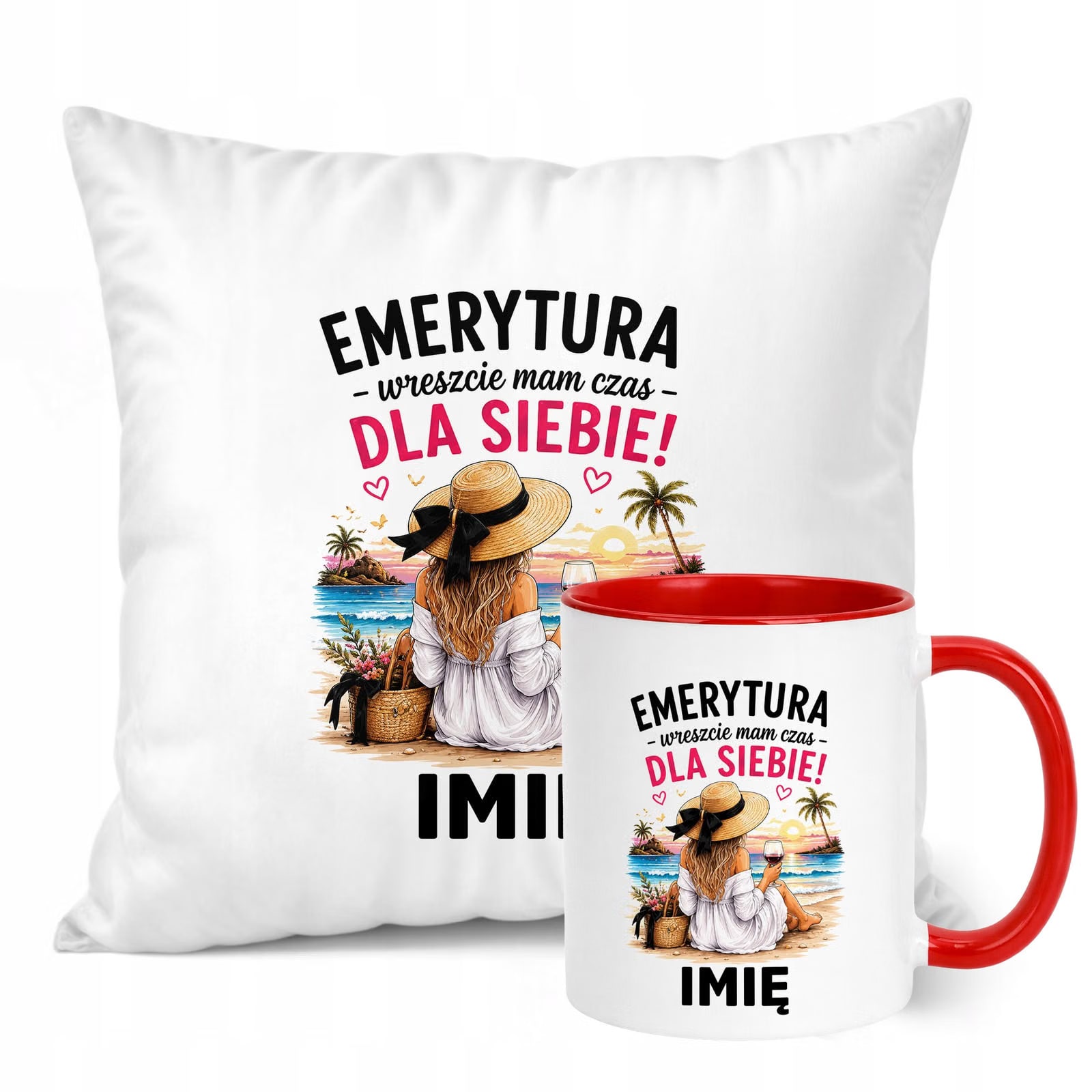 Zestaw Personalizowany Kubek Czerwony Poduszka Emerytura Upominek Prezent