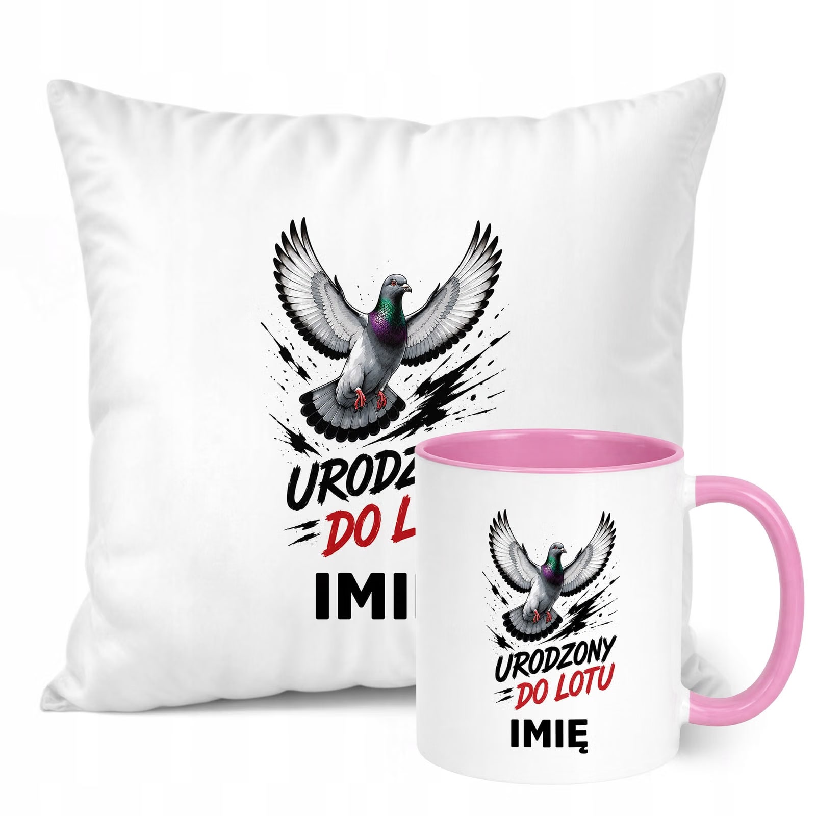 Zestaw Personalizowany Kubek Różowy Poduszka Z Nadrukiem Dla Gołębiarza