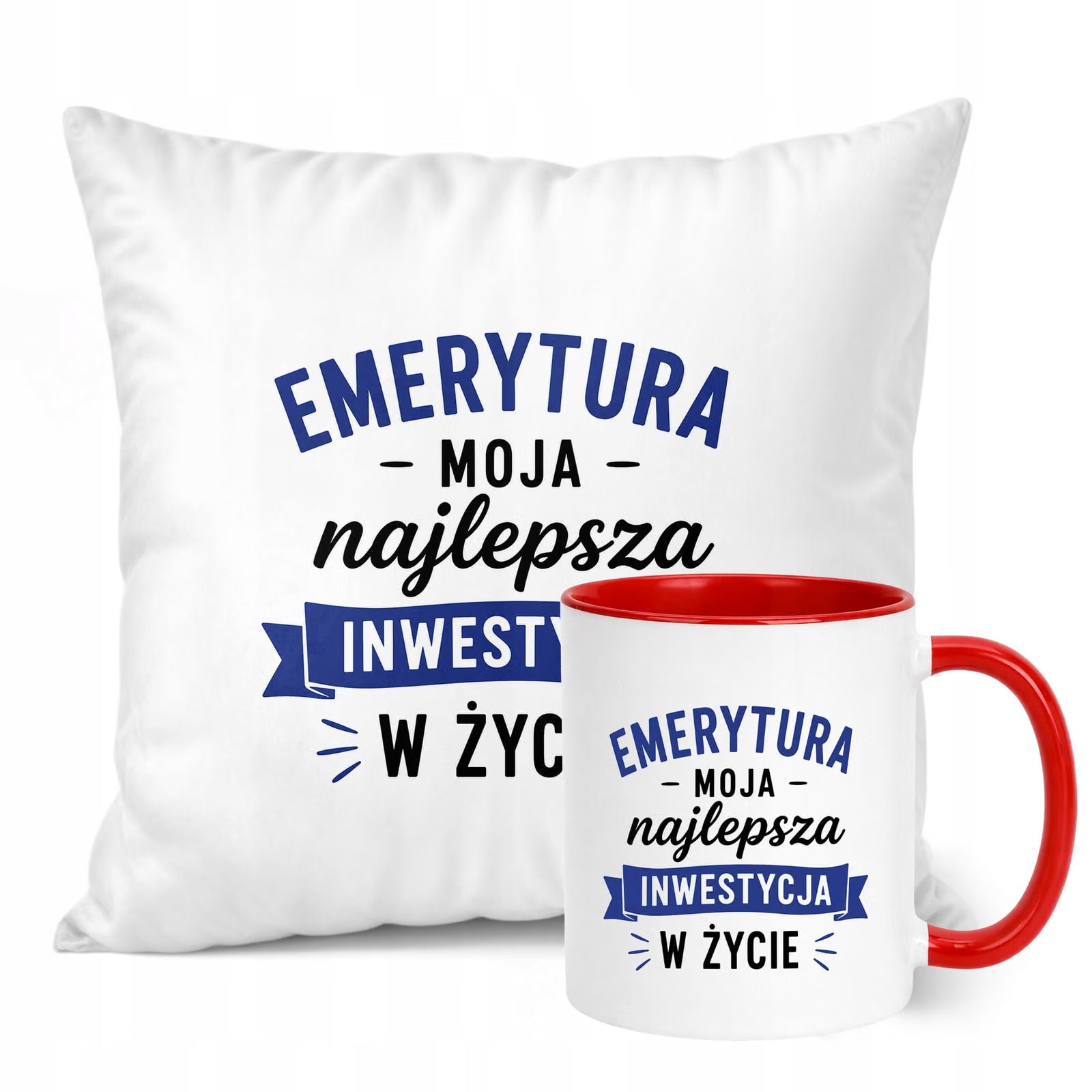 Zestaw Kubek Czerwony Poduszka Z Nadrukiem Emerytura Dla Emeryta Prezent