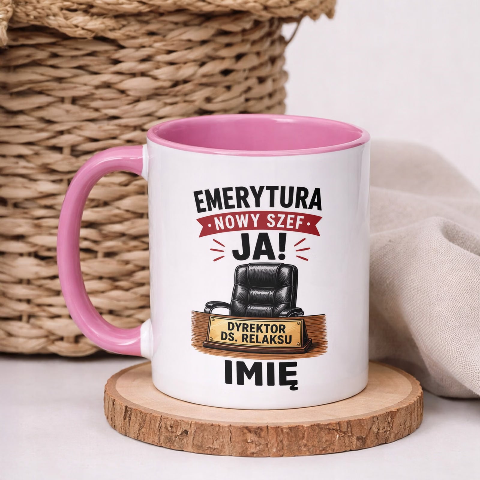 Kubek Różowy Personalizowany z Nadrukiem Emerytura Dla Emeryta Prezent
