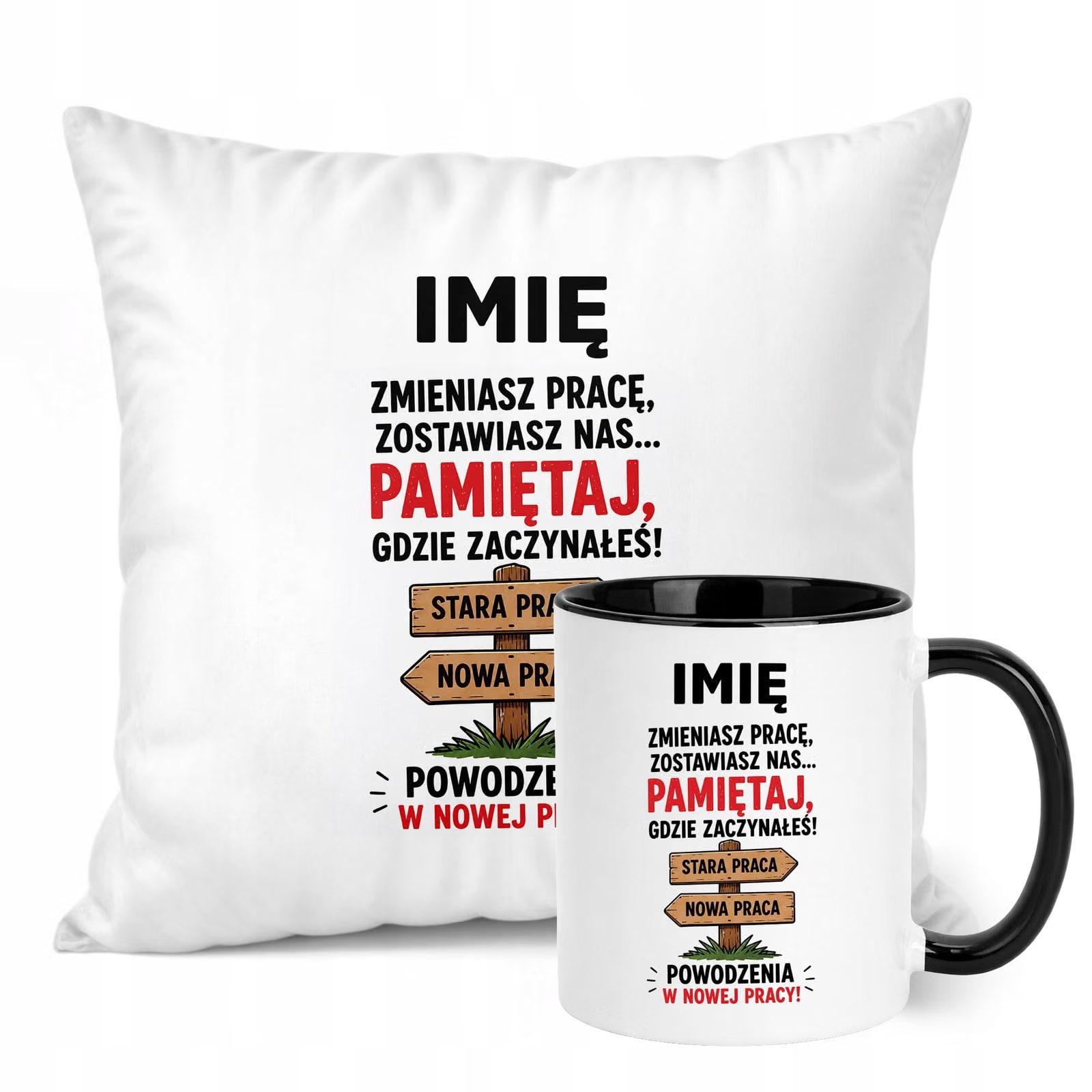 Zestaw Personalizowany Kubek Czarny Poduszka Odejście z Pracy Prezent