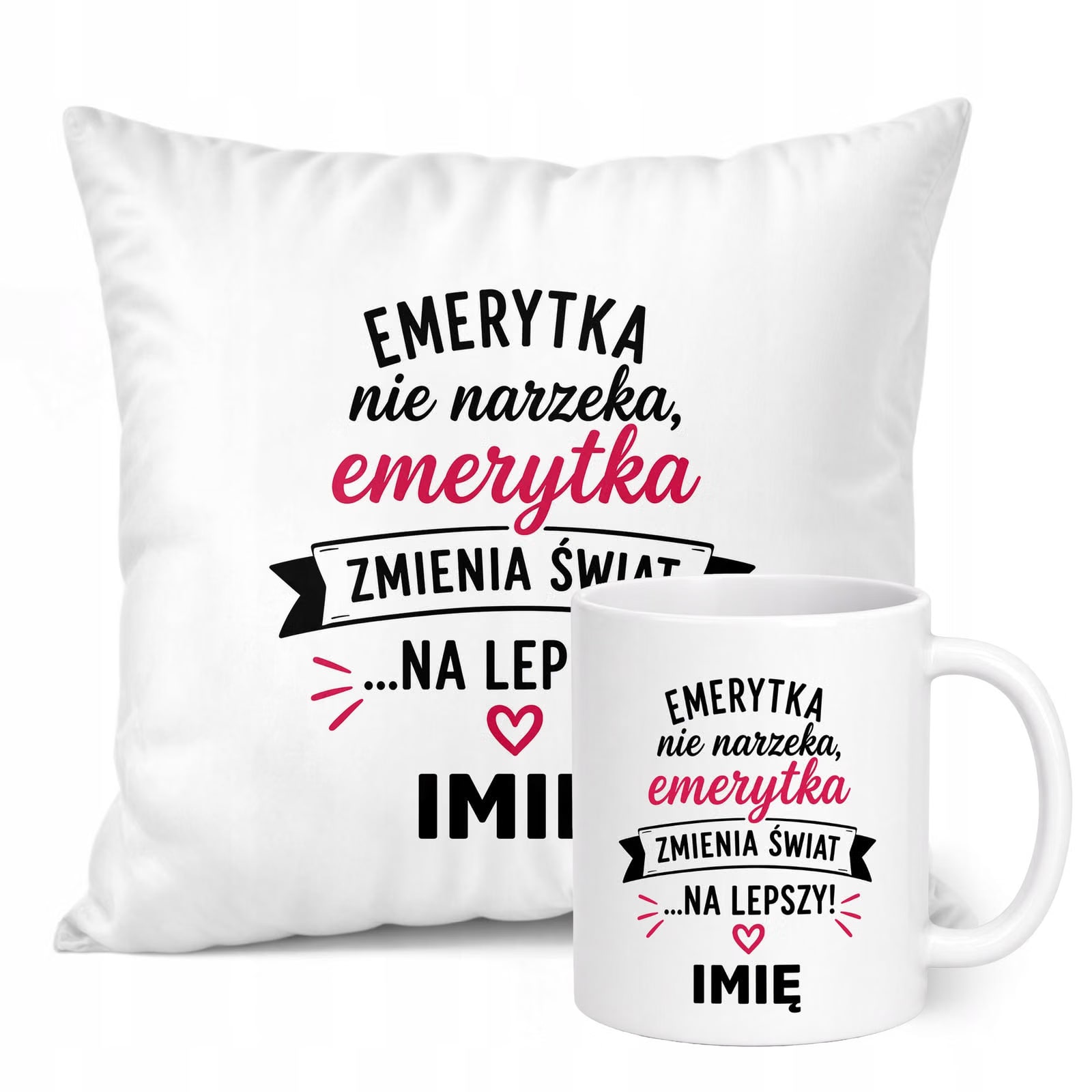 Zestaw Personalizowany Kubek Biały Poduszka Emerytura Dla Emerytki Prezent