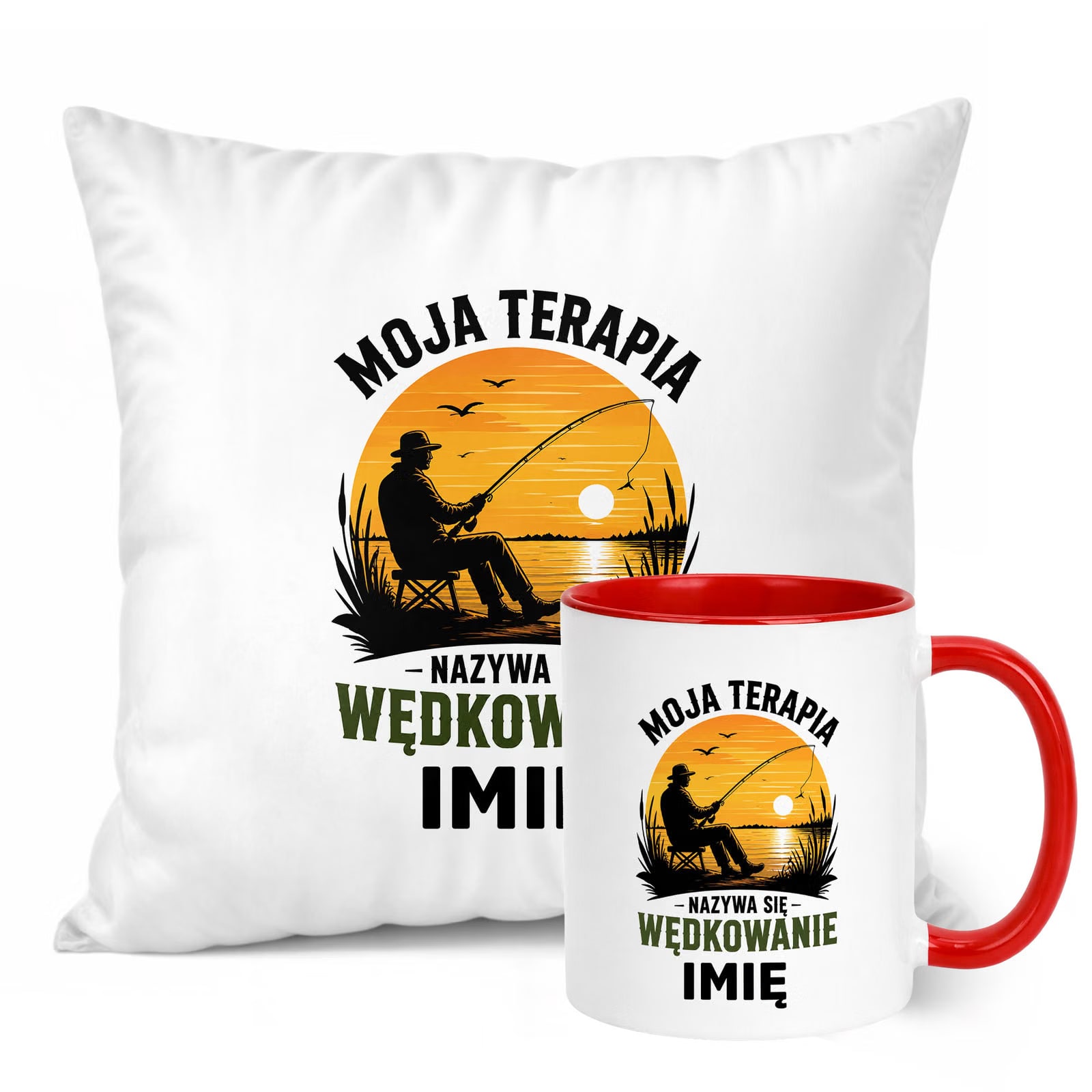 Zestaw Personalizowany Kubek Czerwony Poduszka Z Nadrukiem Dla Wędkarza