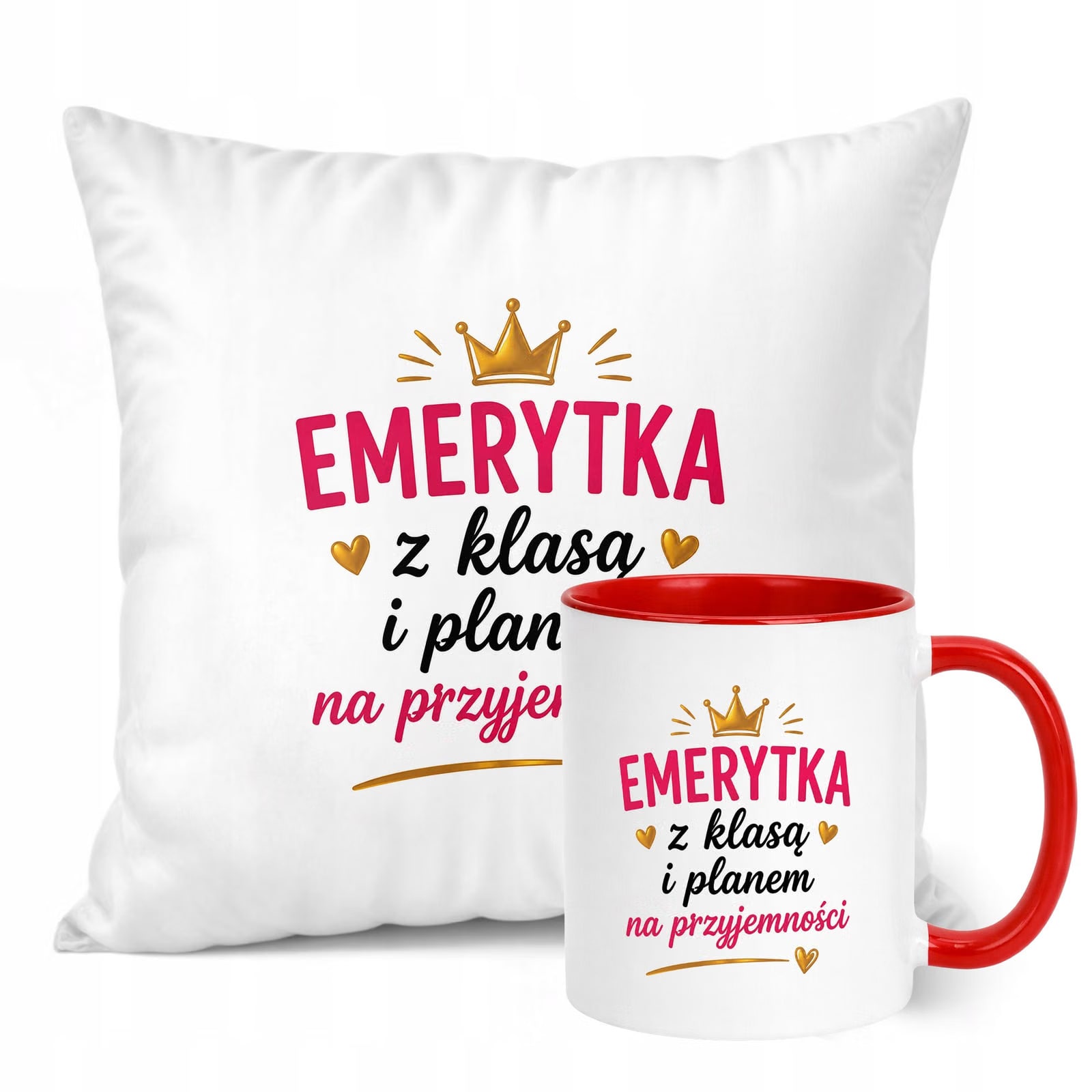 Zestaw Kubek Czerwony Poduszka Z Nadrukiem Emerytura Dla Emerytki Prezent