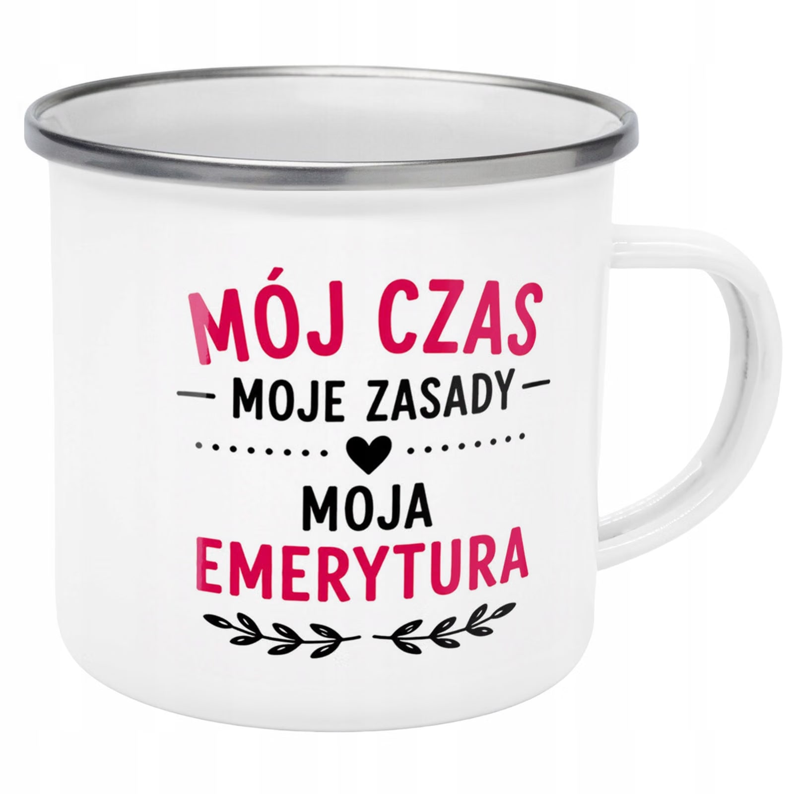 Kubek Emaliowany Emerytura Dla Emerytki z Nadrukiem Biały Metalowy Prezent