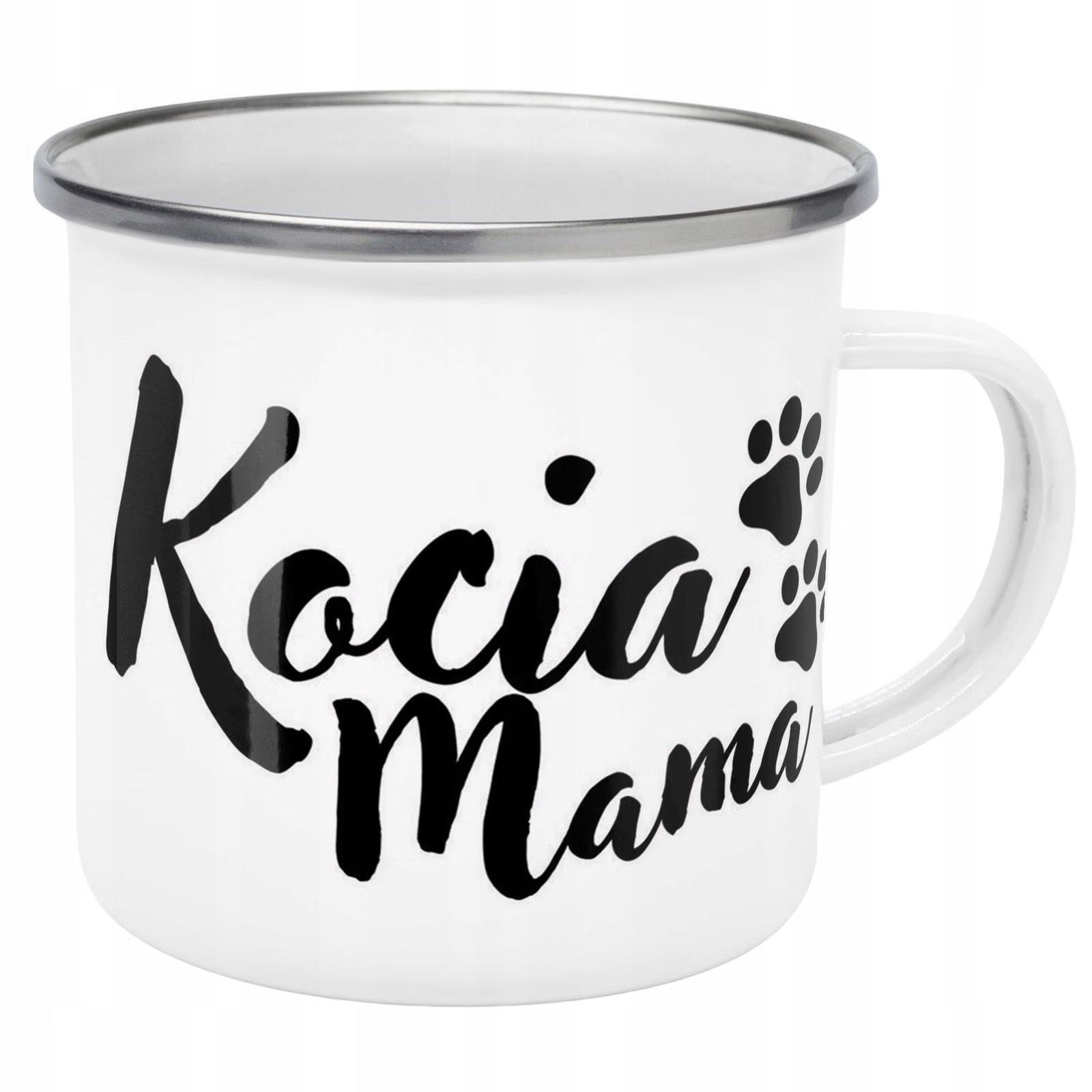 Kubek Emaliowany Kocia Mama Dla Posiadaczki Kota z Nadrukiem Biały Metalowy