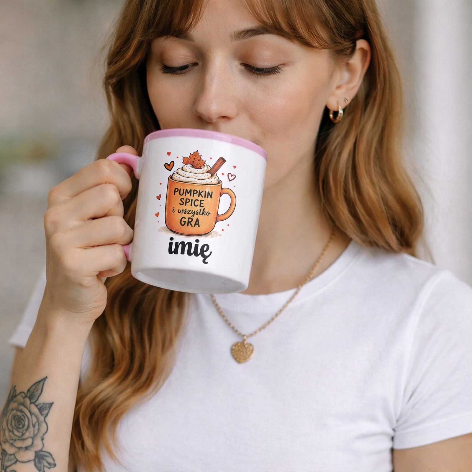 Zestaw Personalizowany Kubek Różowy Poduszka Jesień Jesienny Z Nadrukiem