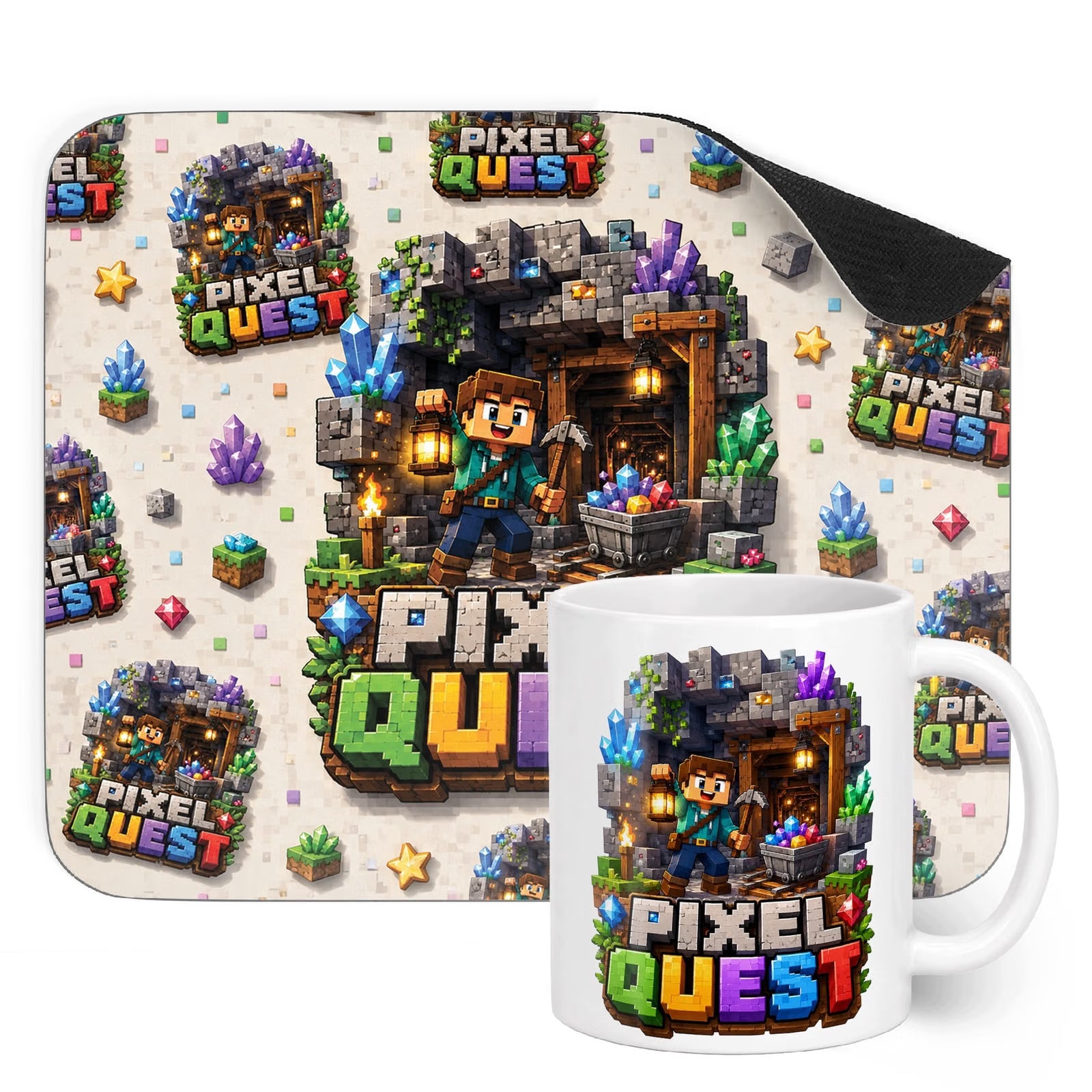 Zestaw Kubek Podkładka pod mysz dla graczy z nadrukiem gra Pixel Quest