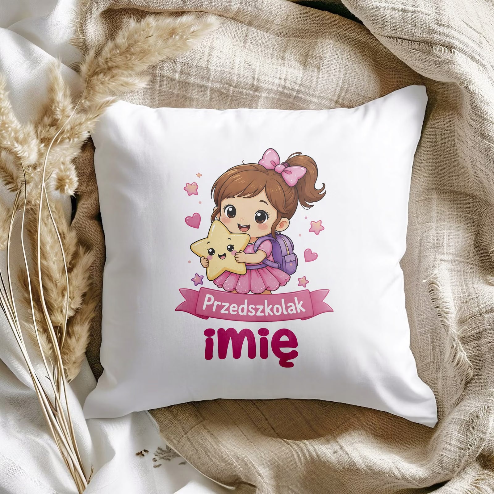 Zestaw Personalizowany Kubek Różowy Poduszka Przedszkolak Prezent