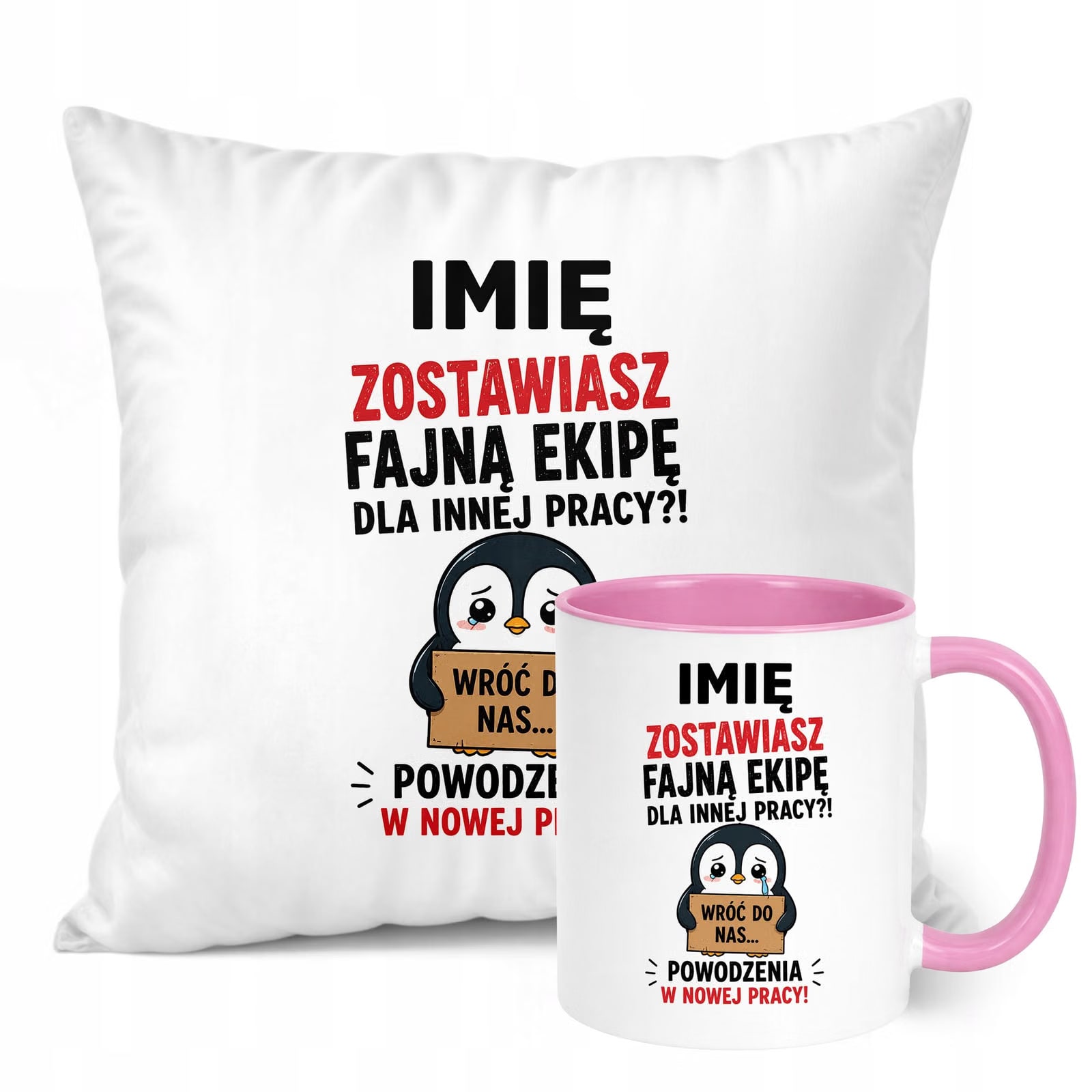 Zestaw Personalizowany Kubek Różowy Poduszka Odejście z Pracy Prezent