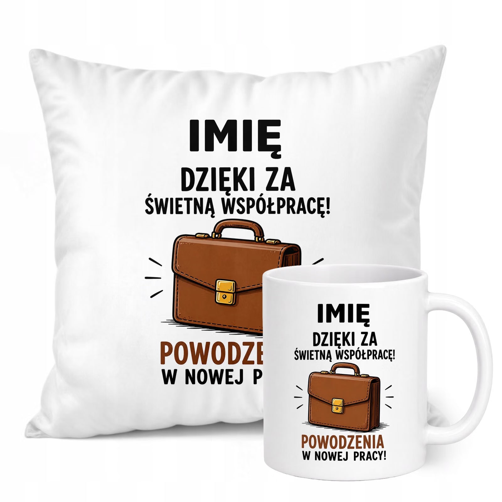 Zestaw Personalizowany Kubek Biały Poduszka Odejście z Pracy Prezent
