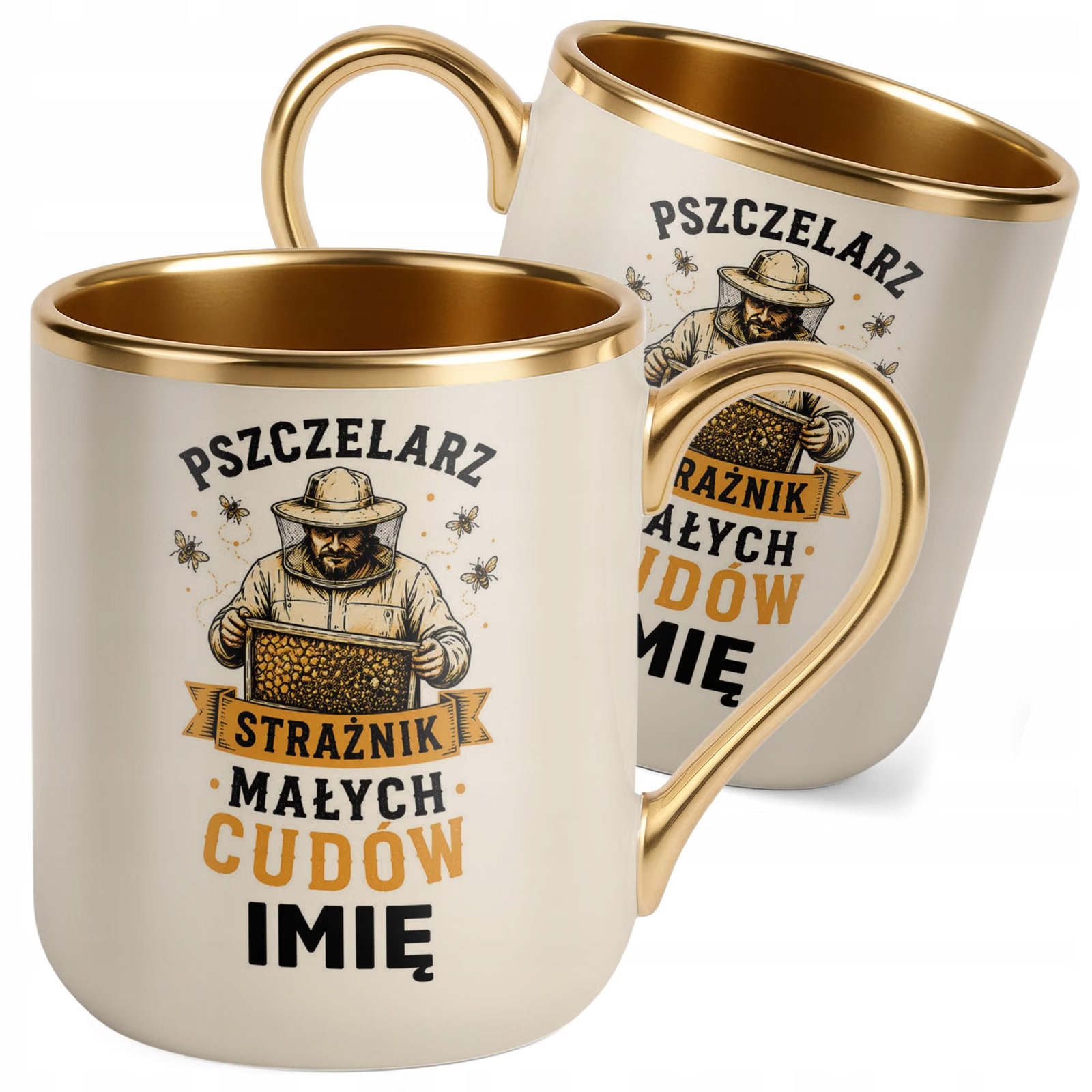 Kubek Personalizowany z nadrukiem Premium Złoty Ecru Dla Pszczelarza