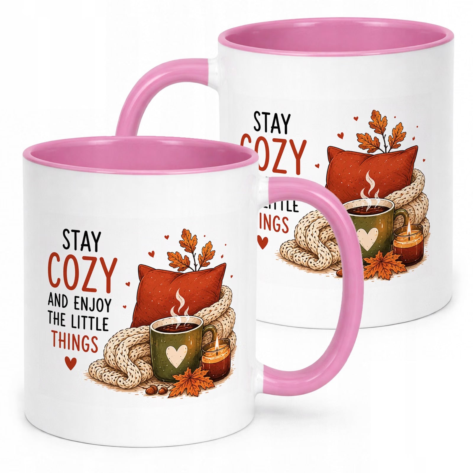 Różowy Kubek z nadrukiem Jesienny Jesień Stay cozy Prezent