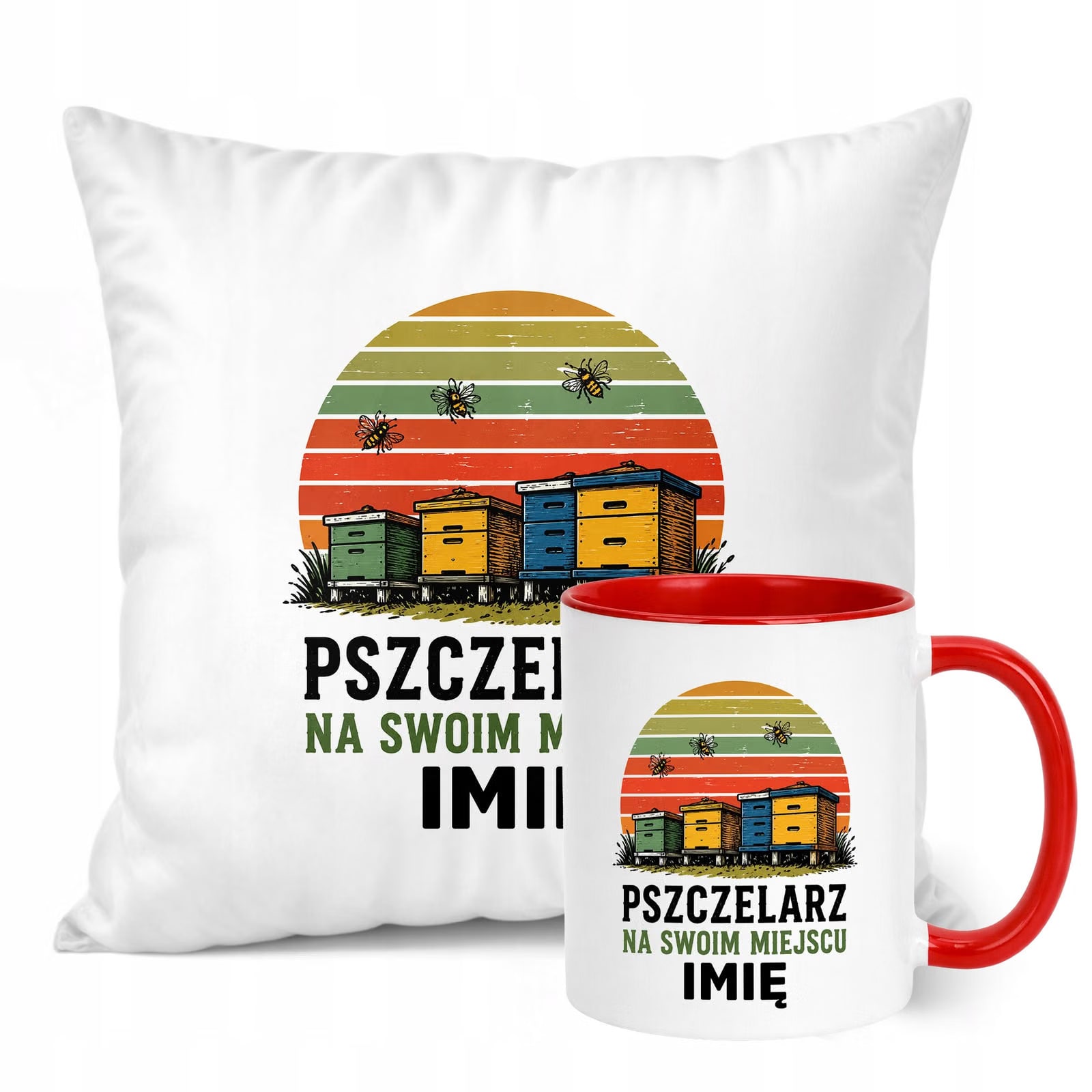 Zestaw Personalizowany Kubek Czerwony Poduszka Z Nadrukiem Dla Pszczelarza