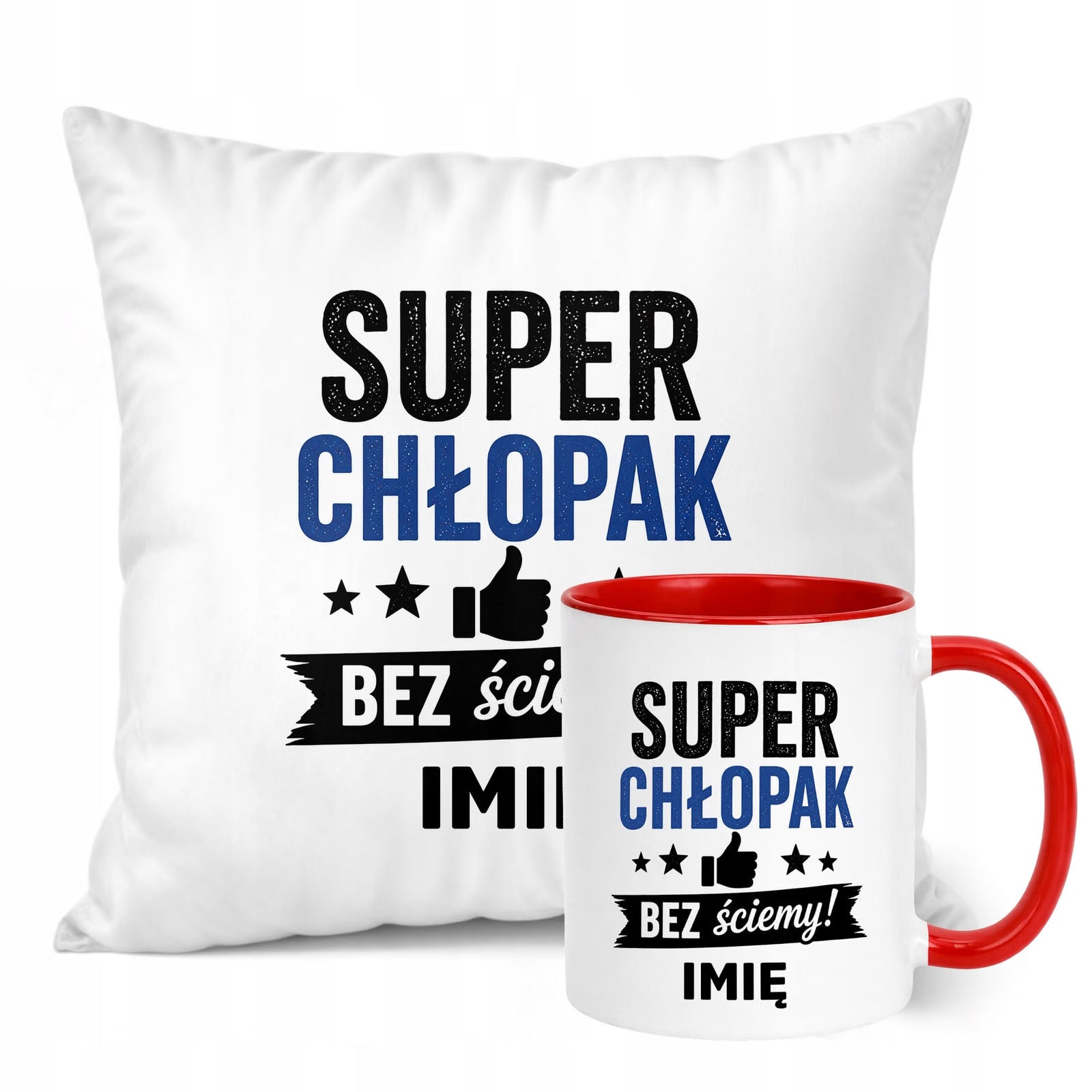 Zestaw Personalizowany Kubek Czerwony Poduszka Dzień Chłopaka Z Nadrukiem