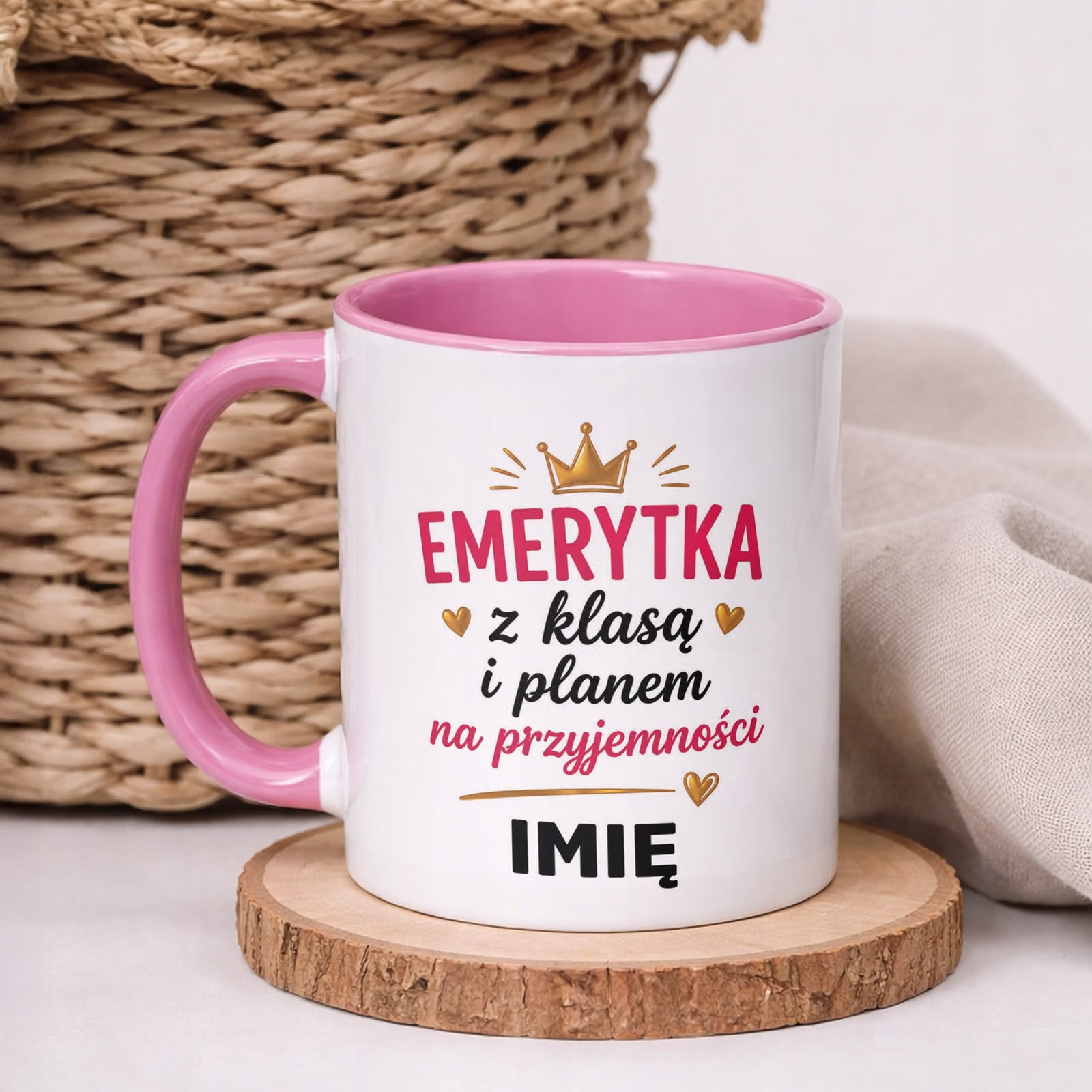 Kubek Różowy Personalizowany z Nadrukiem Emerytura Dla Emerytki Prezent