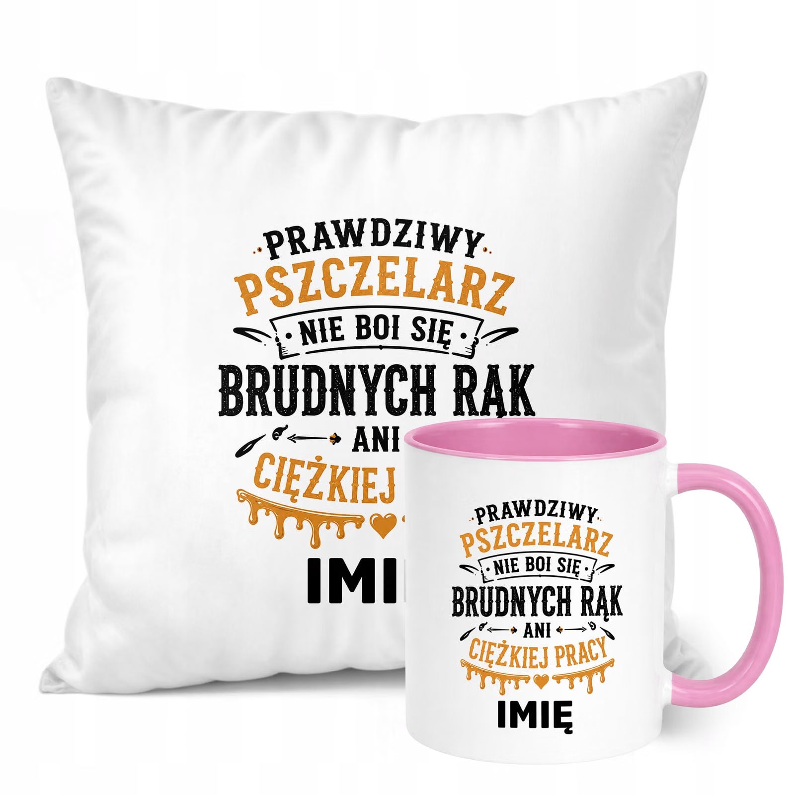 Zestaw Personalizowany Kubek Różowy Poduszka Z Nadrukiem Dla Pszczelarza