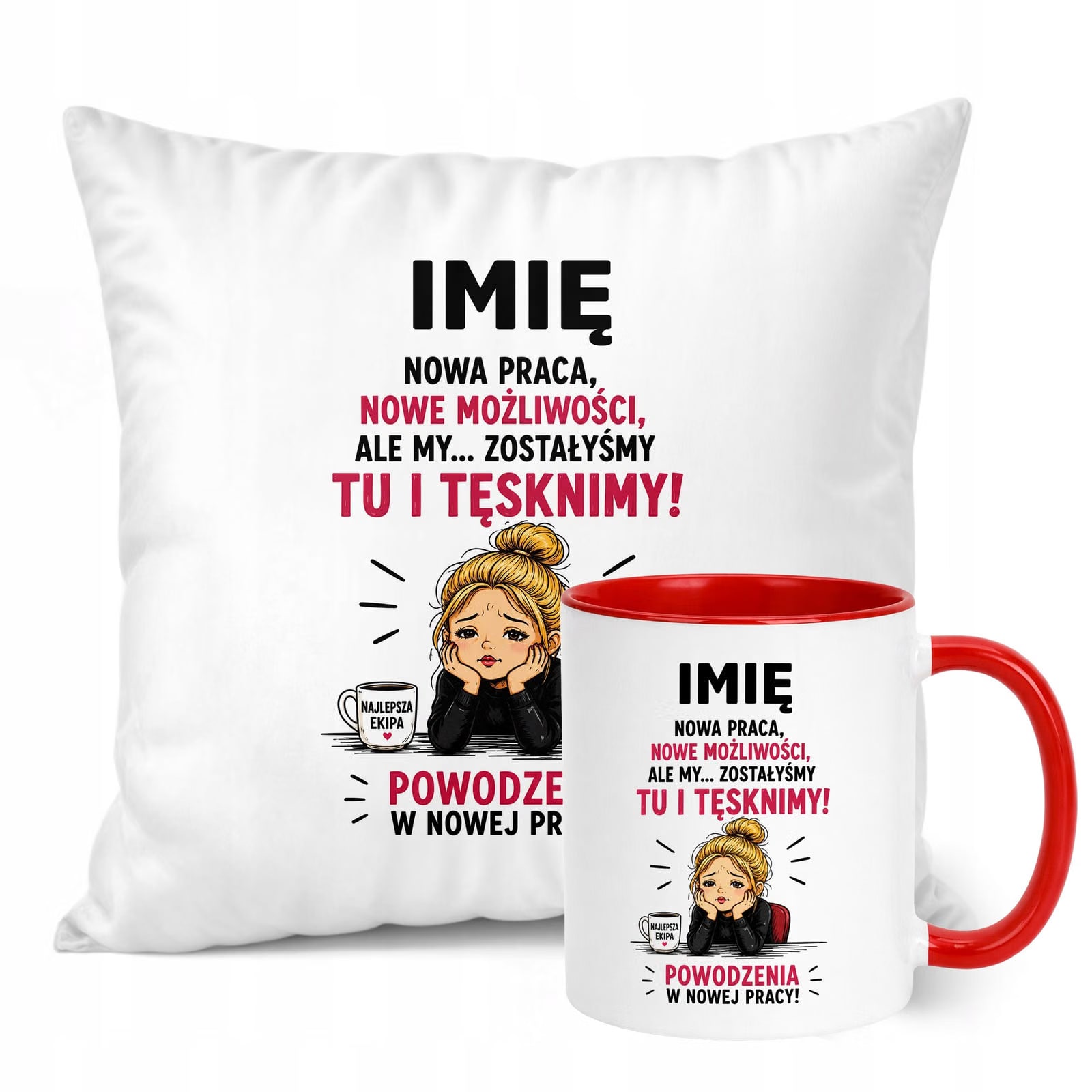 Zestaw Personalizowany Kubek Czerwony Poduszka Odejście z Pracy Prezent