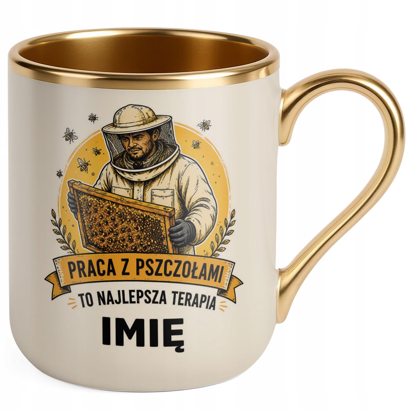 Kubek Personalizowany z nadrukiem Premium Złoty Ecru Dla Pszczelarza