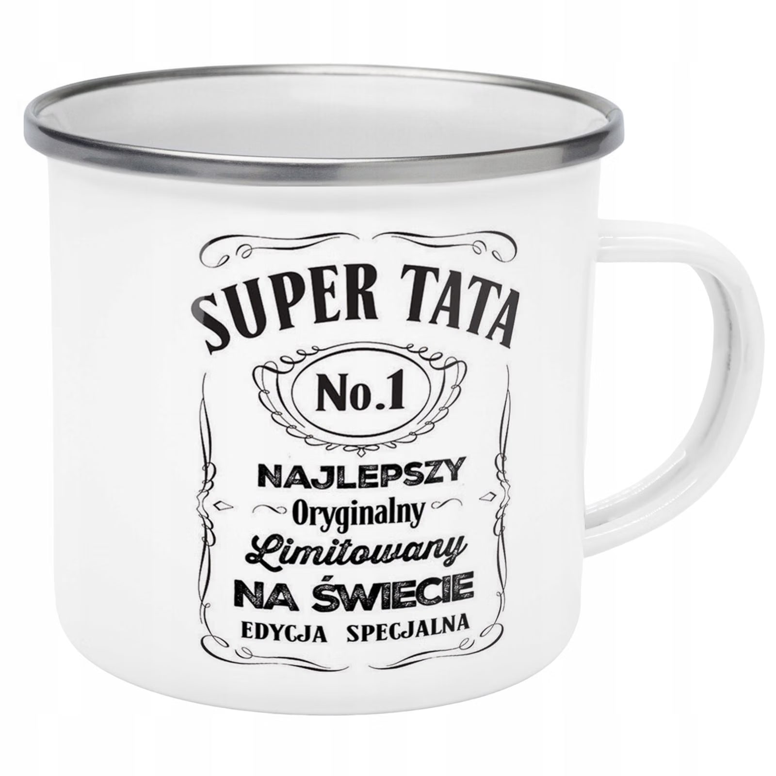 Kubek Emaliowany Dzień Ojca Dla Taty Super Tata z Nadrukiem Biały Metalowy