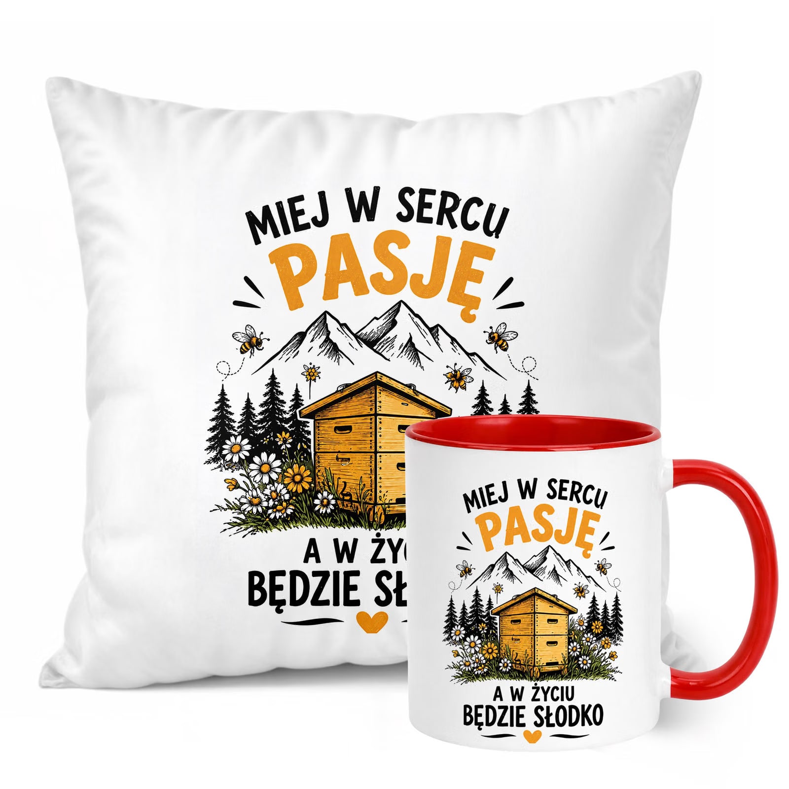 Zestaw Kubek Czerwony Poduszka Z Nadrukiem Dla Pszczelarza Prezent