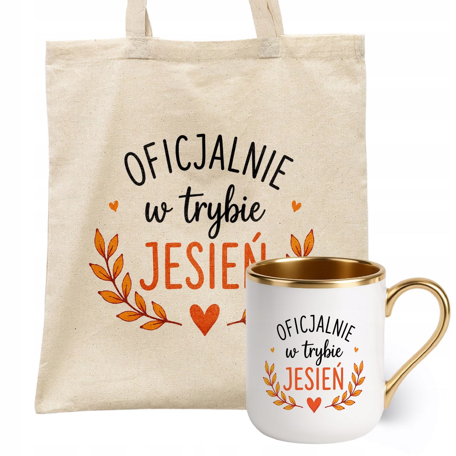 Zestaw Kubek Premium Złoty Torba Shopper Ecru Z Nadrukiem Jesień