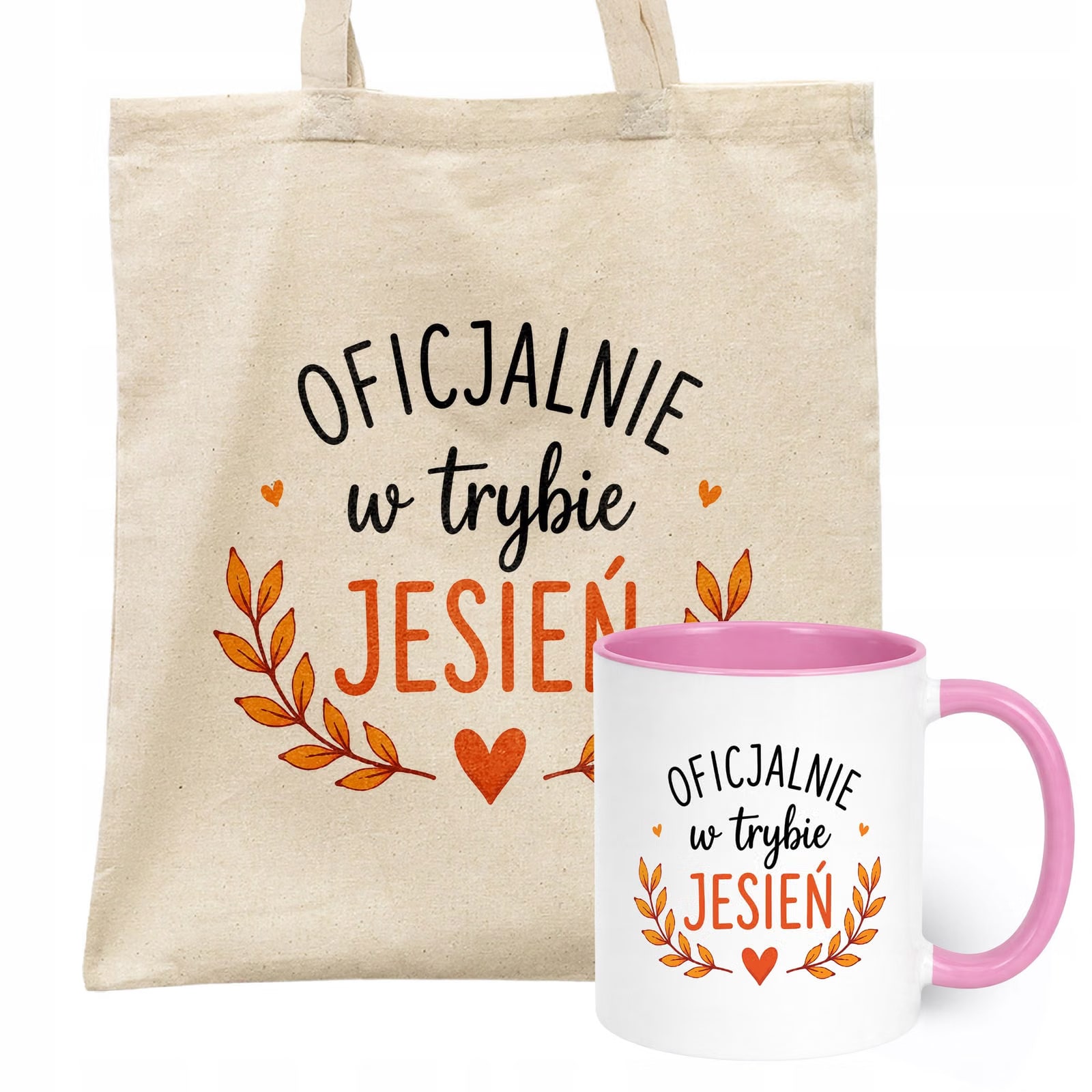 Zestaw Kubek Różowy Torba Shopper Ecru Z Nadrukiem Jesień Jesienny