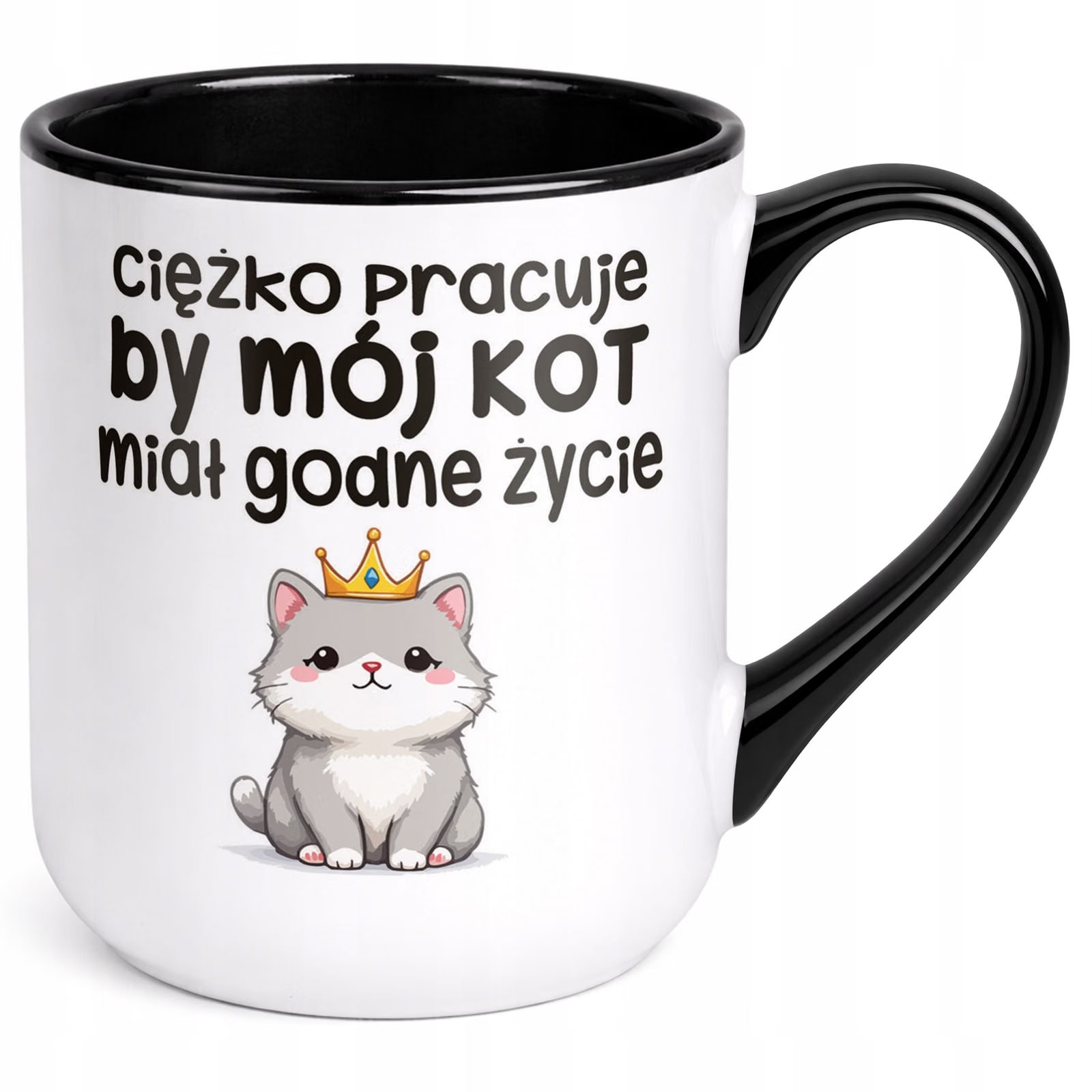 Kubek z nadrukiem Premium Czarny Ciężko Pracuję By Mój Kot Upominek Prezent