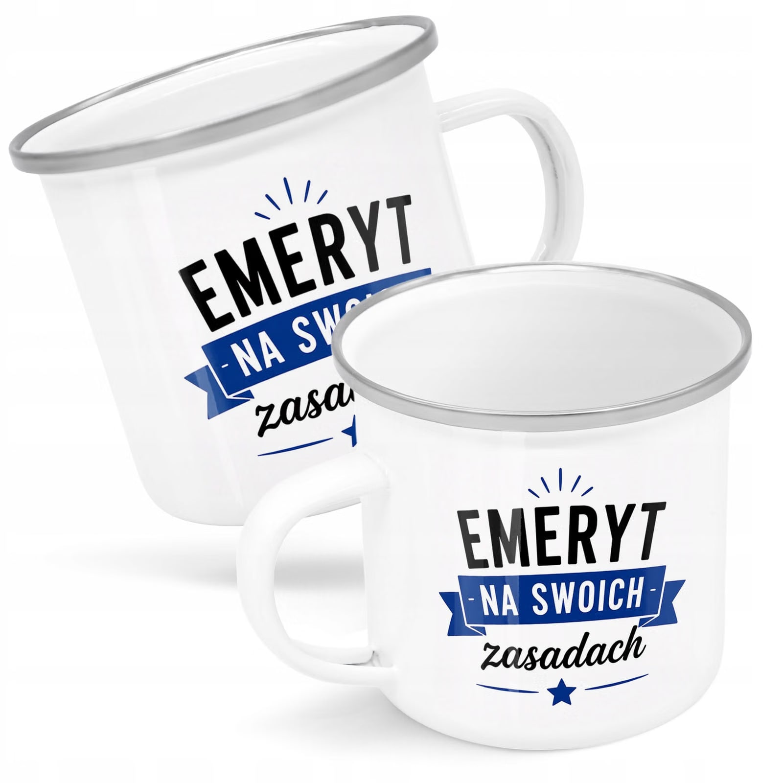 Kubek Emaliowany Emerytura Dla Emeryta z Nadrukiem Biały Metalowy Prezent