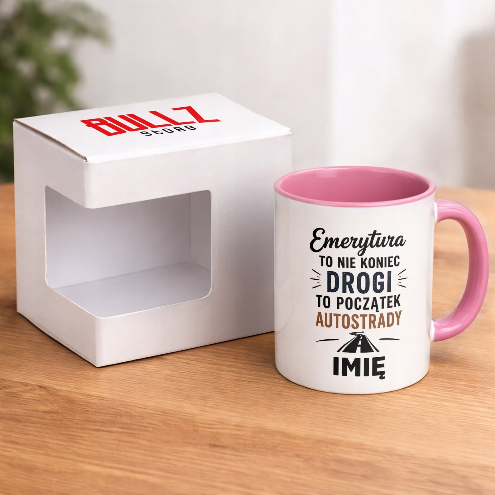 Kubek Różowy Personalizowany z Nadrukiem Emerytura Dla Emeryta Prezent