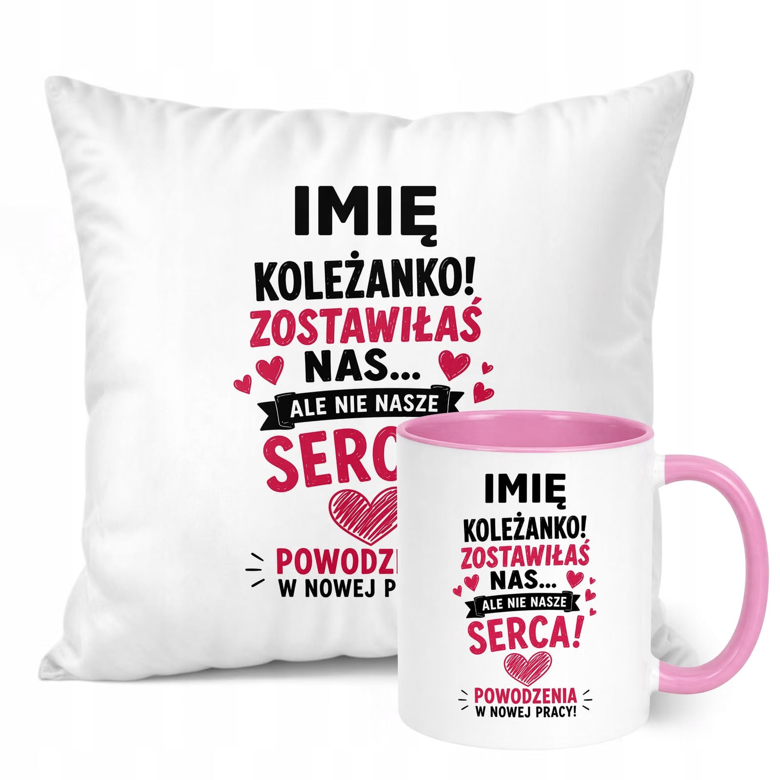 Zestaw Personalizowany Kubek Różowy Poduszka Odejście z Pracy Prezent
