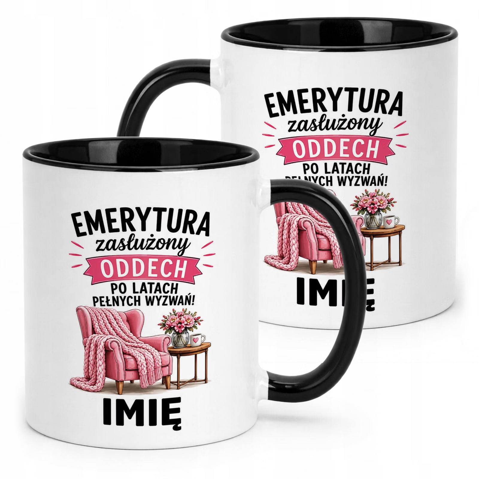 Kubek Czarny Personalizowany z Nadrukiem Emerytura Dla Emerytki Prezent