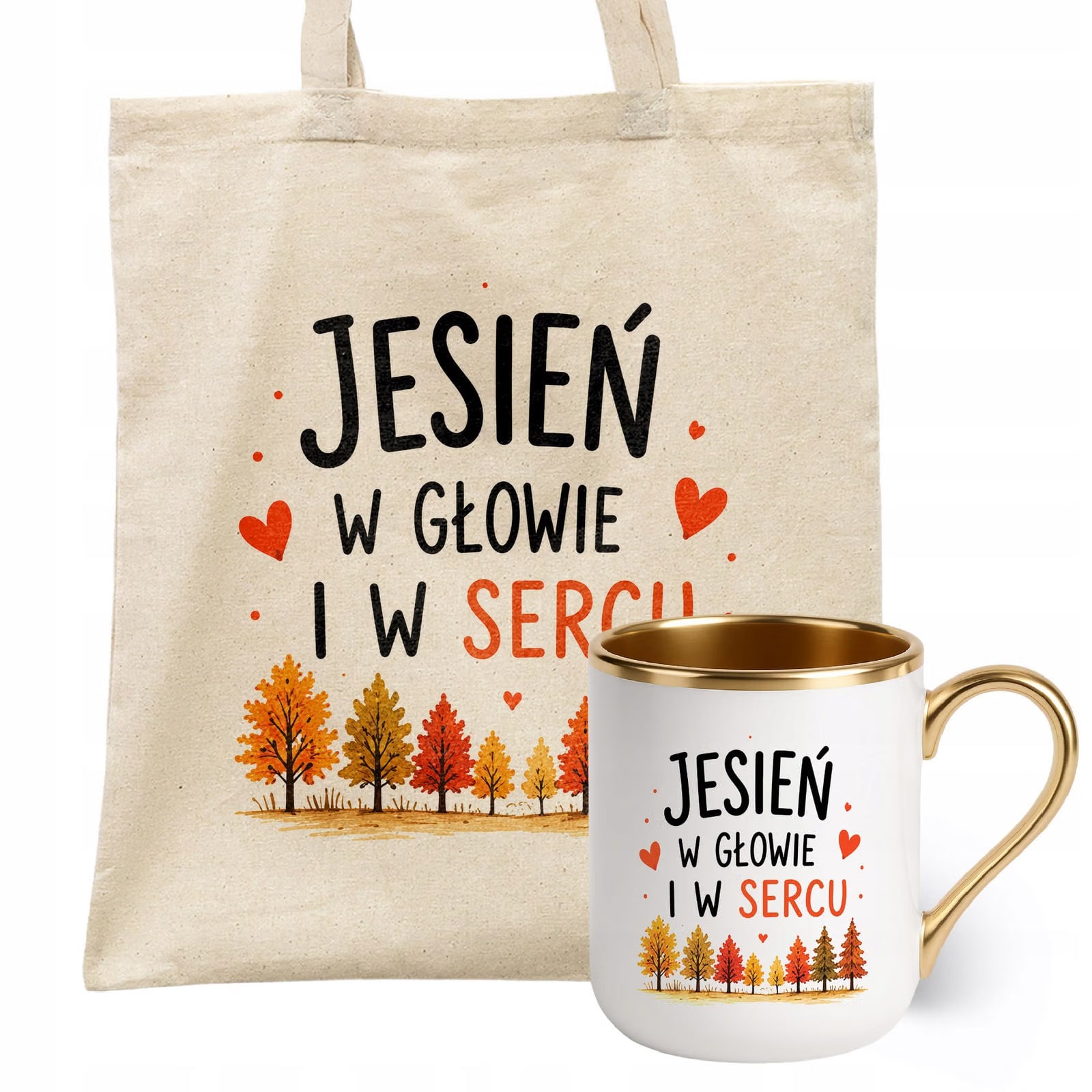 Zestaw Kubek Premium Złoty Torba Shopper Ecru Z Nadrukiem Jesień