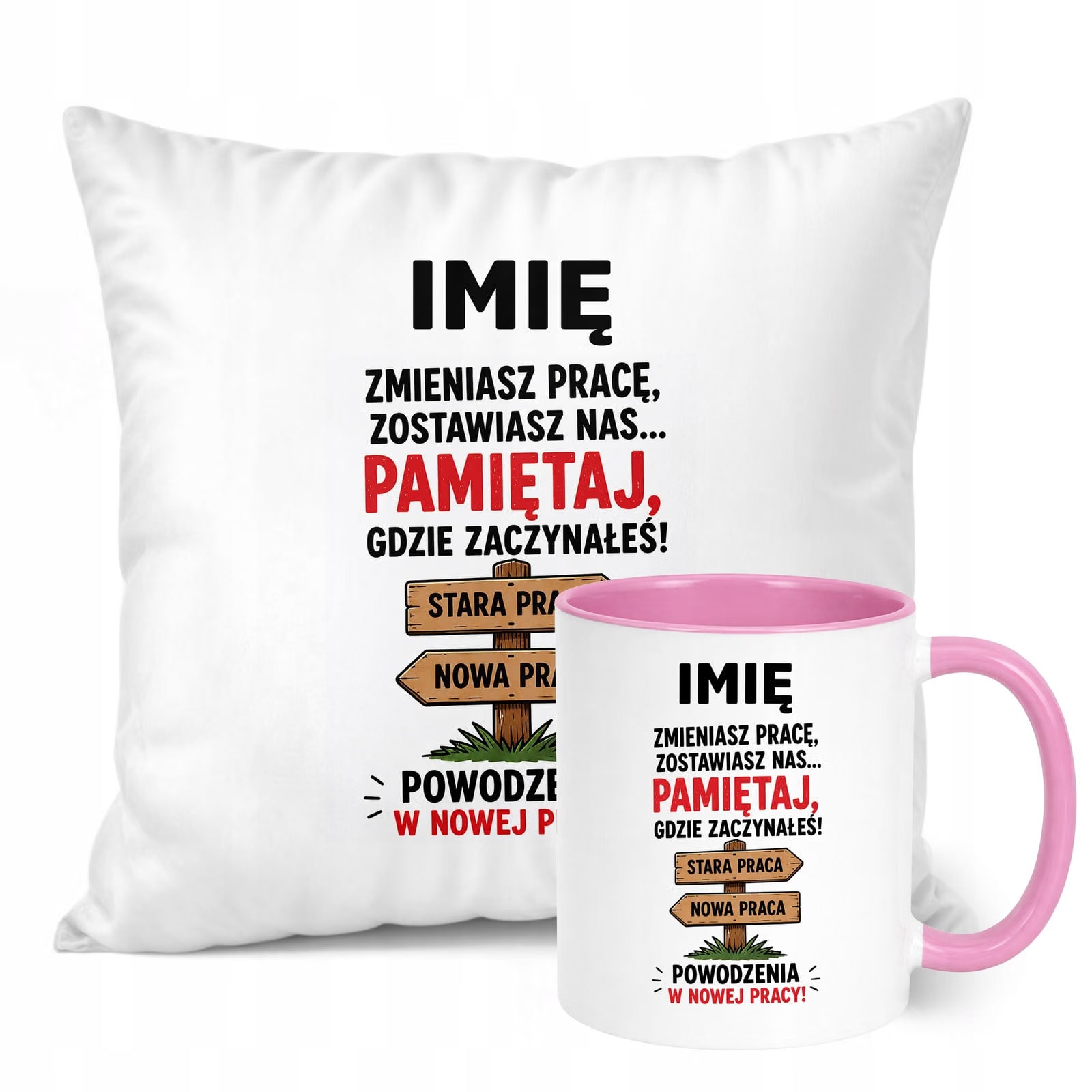 Zestaw Personalizowany Kubek Różowy Poduszka Odejście z Pracy Prezent