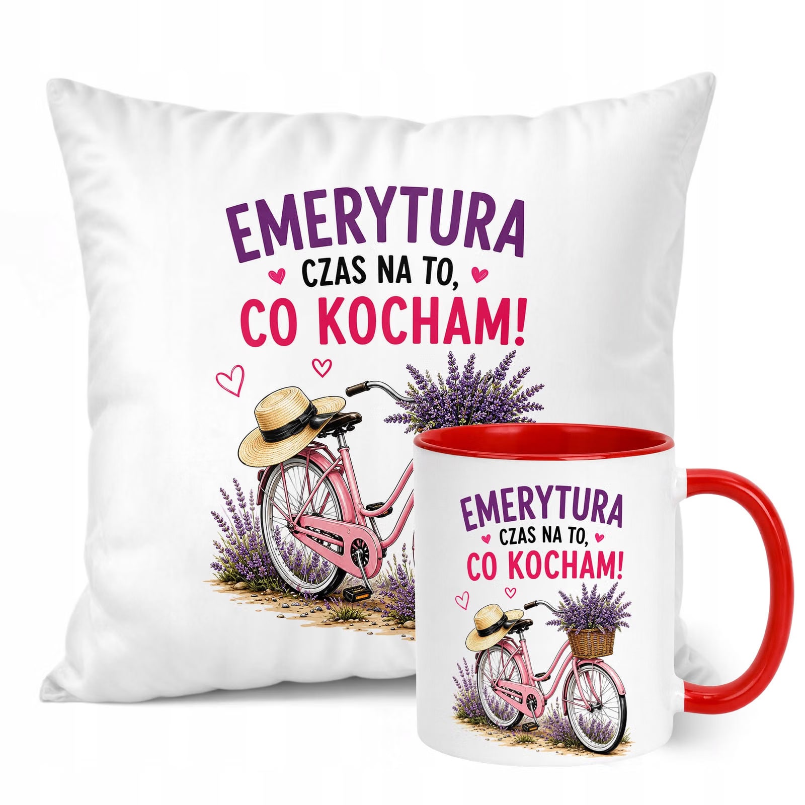 Zestaw Kubek Czerwony Poduszka Z Nadrukiem Emerytura Dla Emerytki Prezent