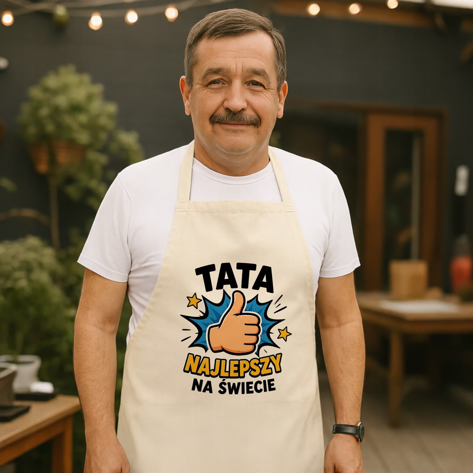 Fartuch ecru dla taty prezent na Dzień Ojca praktyczny upominek dla taty
