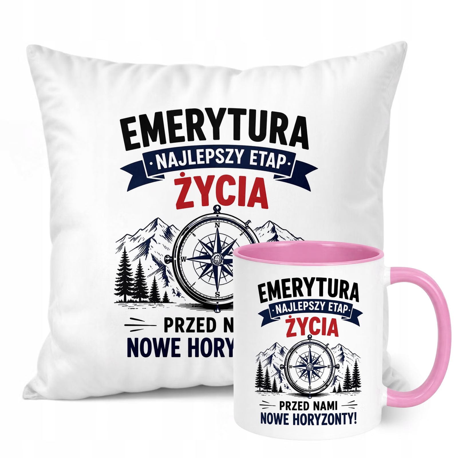 Zestaw Kubek Różowy Poduszka Z Nadrukiem Emerytura Dla Emeryta Prezent