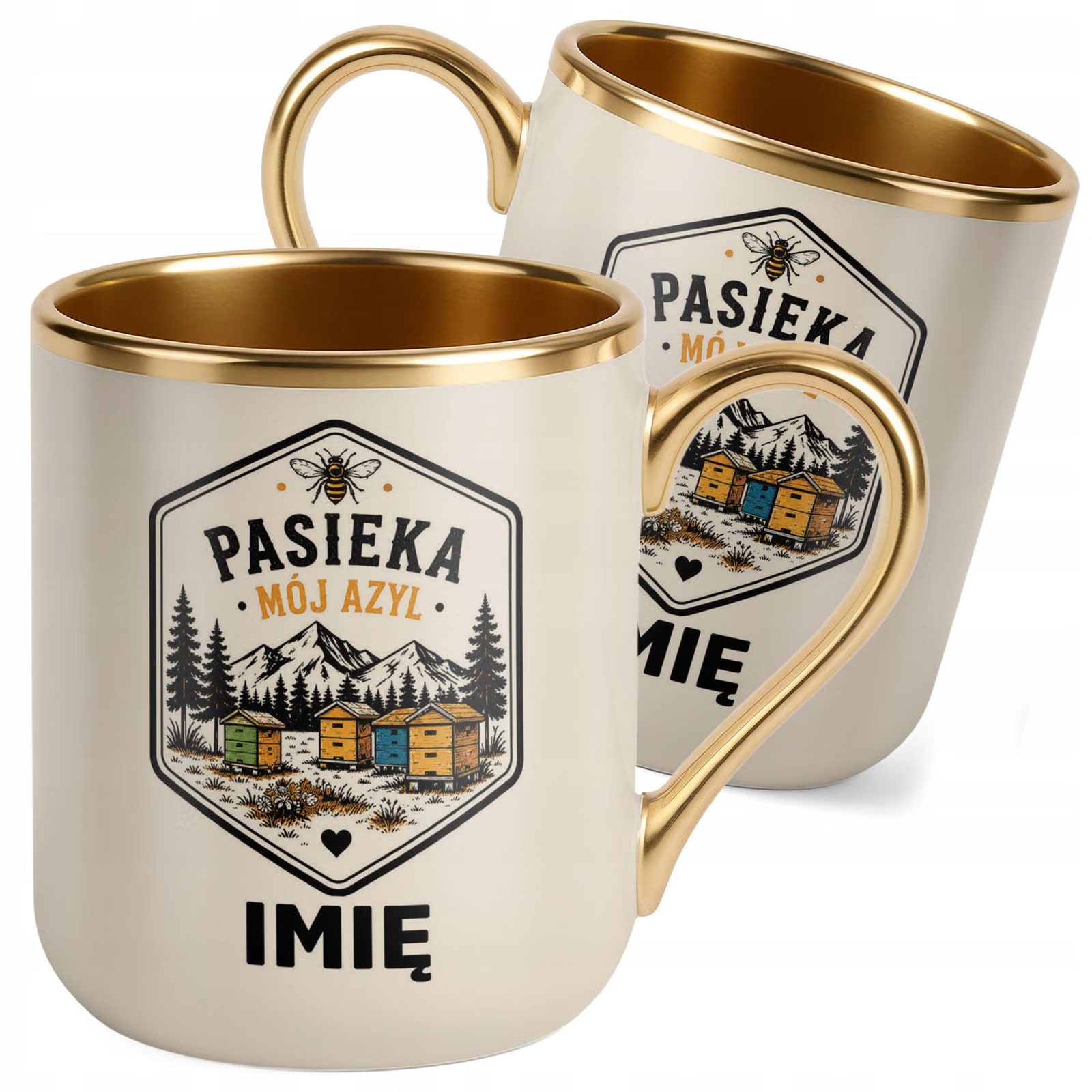 Kubek Personalizowany z nadrukiem Premium Złoty Ecru Dla Pszczelarza