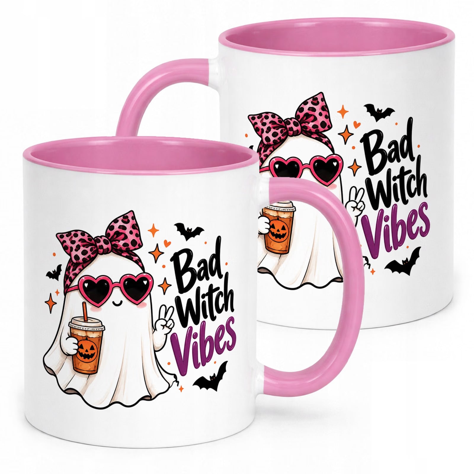 Kubek Różowy z Nadrukiem Halloween Jesień Bad Witch Vibes Prezent